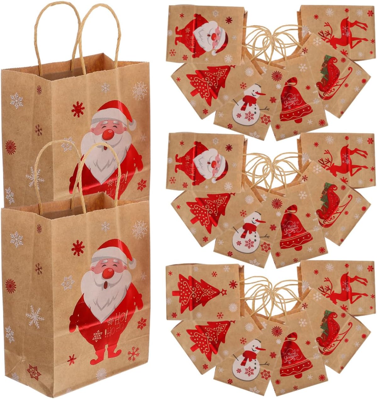 FOMIYES 24PCS Christmas Kraft Gift Bags 6 Styles Xmas Wrapping Paper Bags with Handles Reusable Treat Bag for Holiday Party Favor Supplies