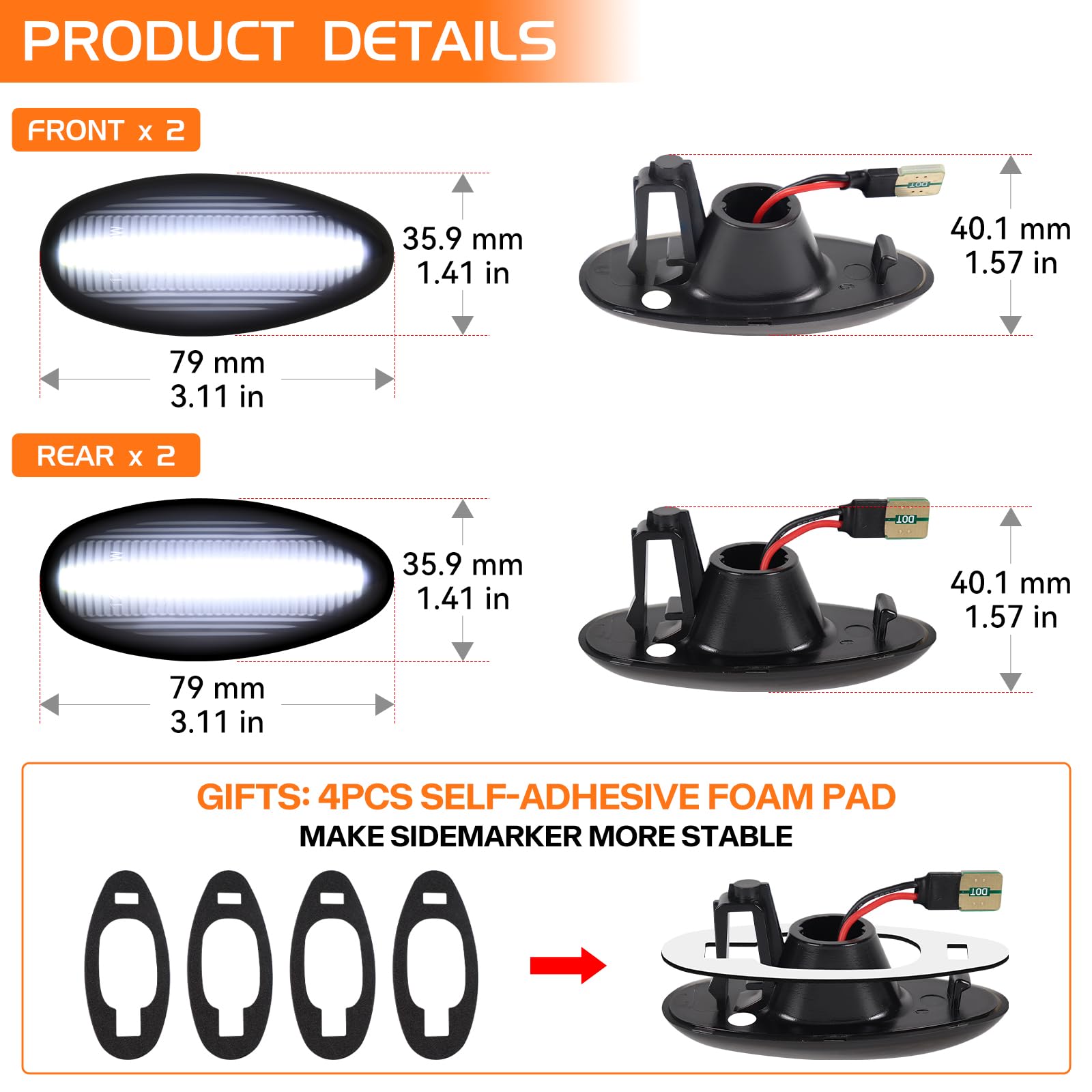Smoked Lens White LED Side Marker Lights for 2001-2014 Chevy Silverado GMC Sierra 2500HD 3500HD Dually Bed Fender Front Rear Sidemarker Lamps, 4PCS