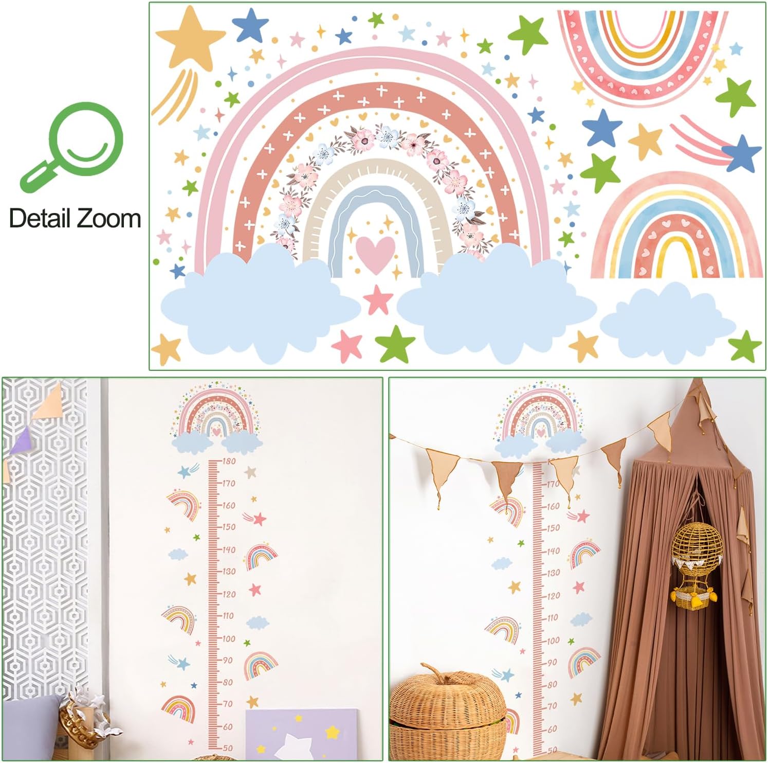 3D Cartoon Height Growth Chart for Kids - Removable DIY Pink Rainbow Wall Decal Peel and Stick Stars and White Clouds Wall Art Decor for Kids Nursery, Bedroom, Bathroom image 3