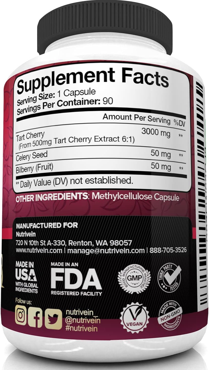 Nutrivein Tart Cherry Capsules 3000mg - 90 Vegan Pills - Antioxidants, Flavonoids - Supports Uric Acid Cleanse, Pain Relief, Muscle Recovery, Joint Pain, Healthy Sleep, Juice Extract Supplement : Health & Household