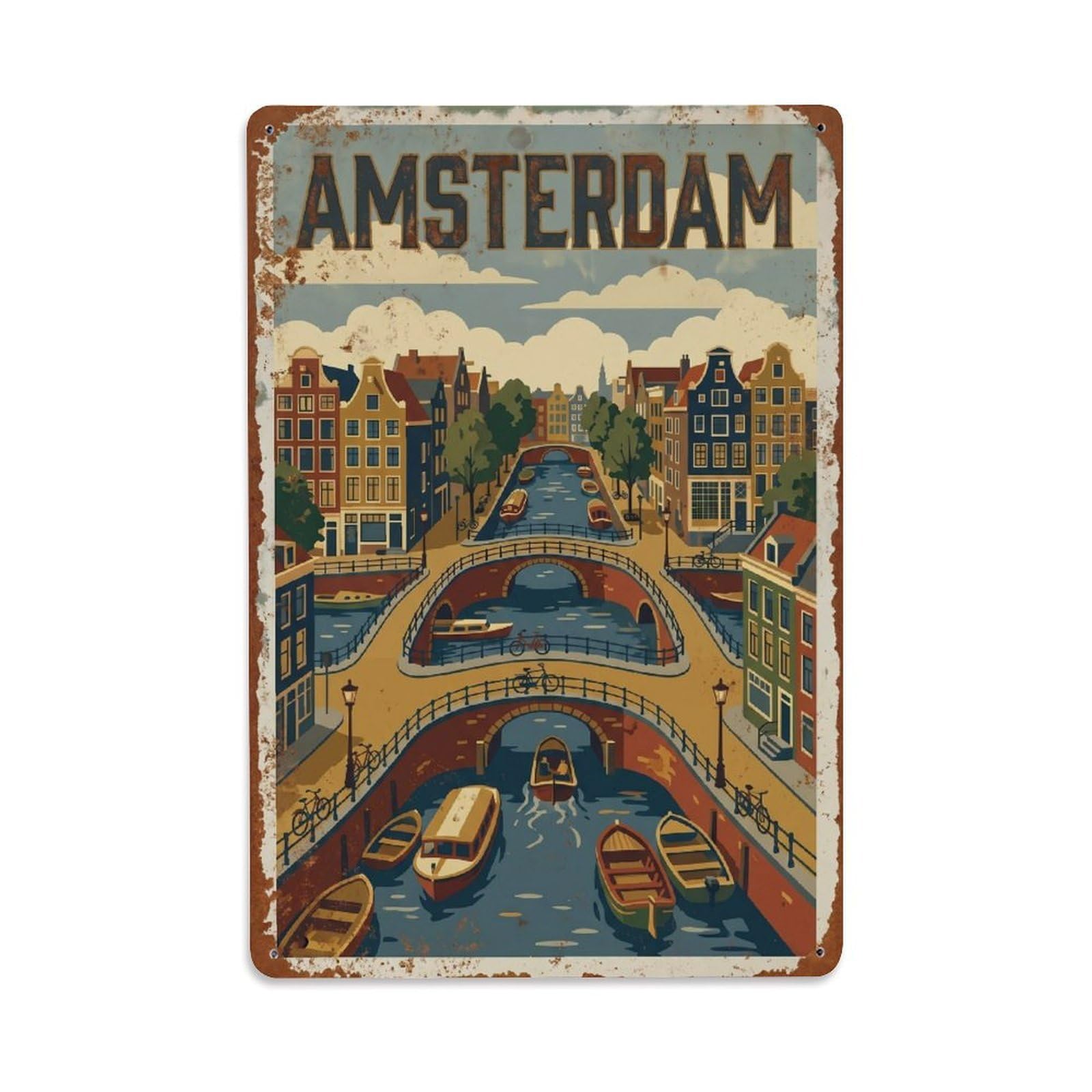 Okngb Style Canal Boats Retro Amsterdam Waterfront Tourism Quay Metal Tin Sign Plaque Wall Decor For Cafe, Man Cave, Club Bar, Office, Home Garden Round Metal Poster 8X12inch