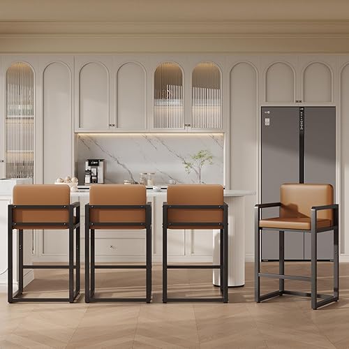 Miniatura 4 de HOOBRO Juego de 2 taburetes de bar de 26 pulgadas de altura de mostrador con tapizado de poliuretano, taburetes de desayuno con reposabrazos y