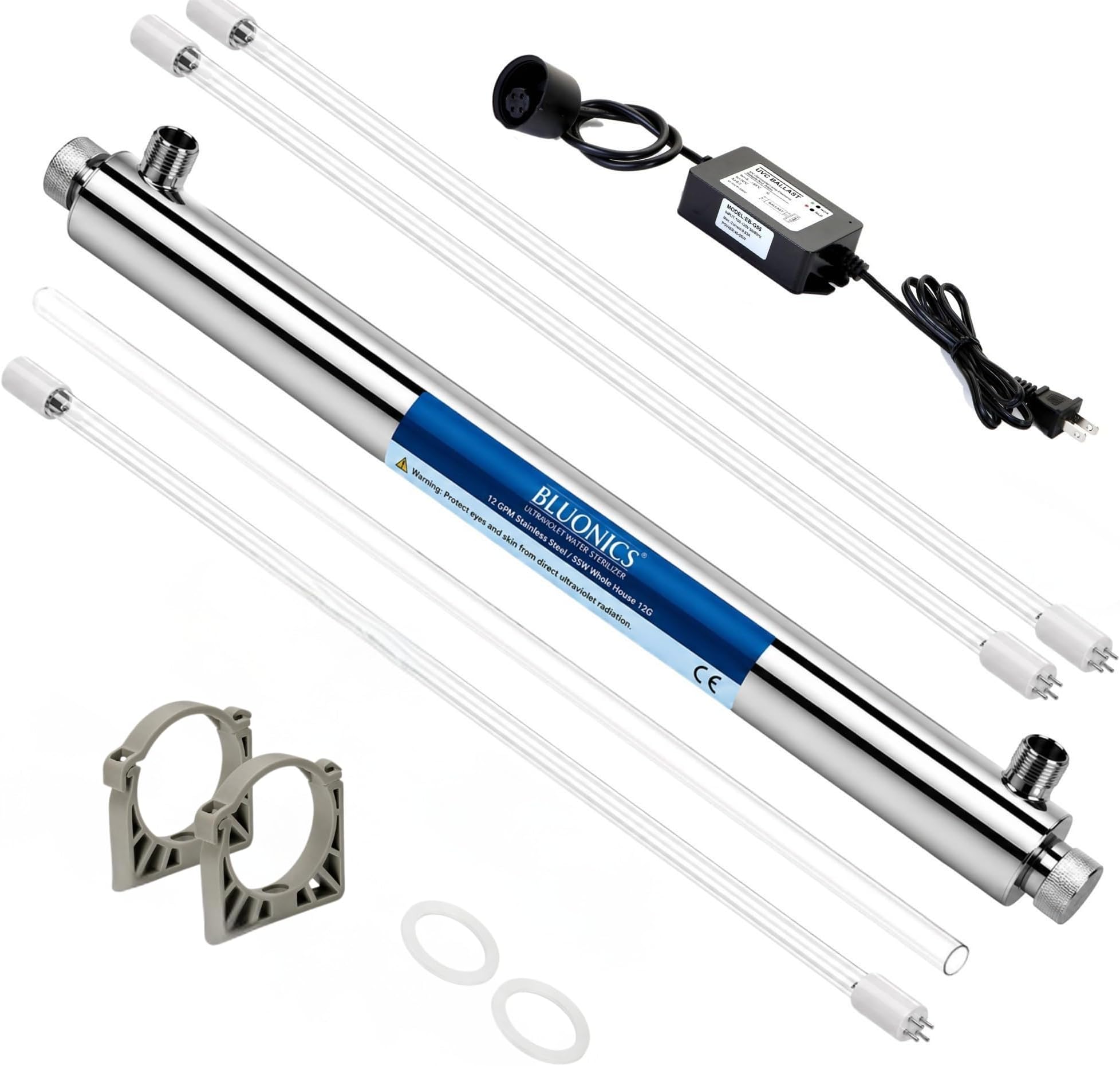 Whole House UV Water Filter System 12 GPM โ 55W Stainless Steel UV Light System โ LED Indicator & Audible Alarm โ for Well & City Water โ Includes 2 Extra Bulbs โ Bluonics