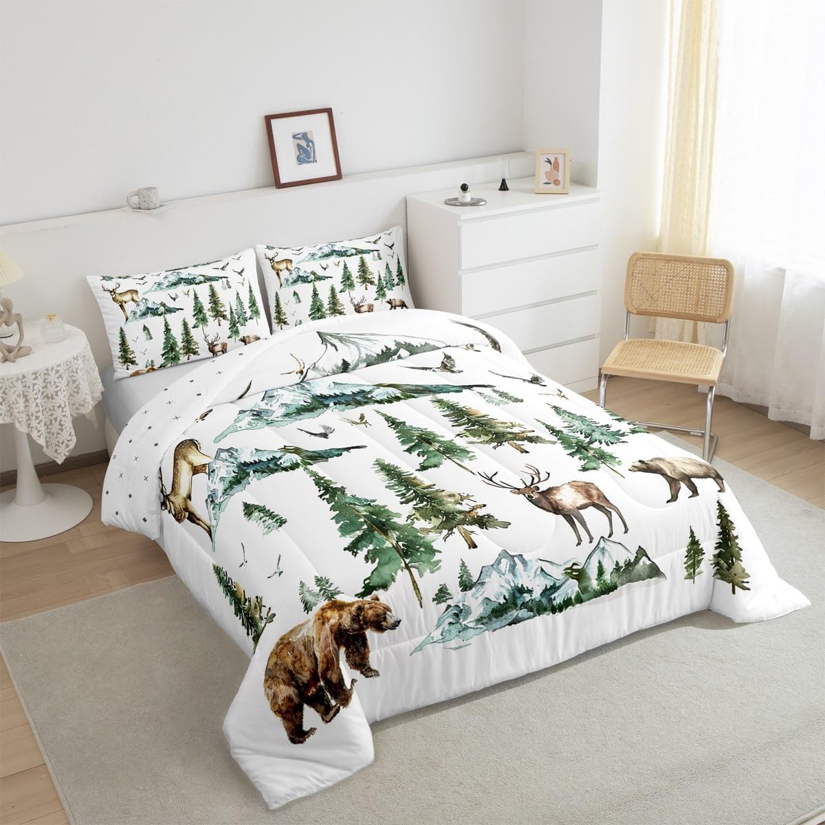jejeloiu Hunting Deer Bear Comforter Set Queen Size Kids Rustic Farmhouse Bedding Set for Boys Girls Teens Adults, Mountain Tree Duvet Quilt Breathable Soft Room Decor 3Pcs White
