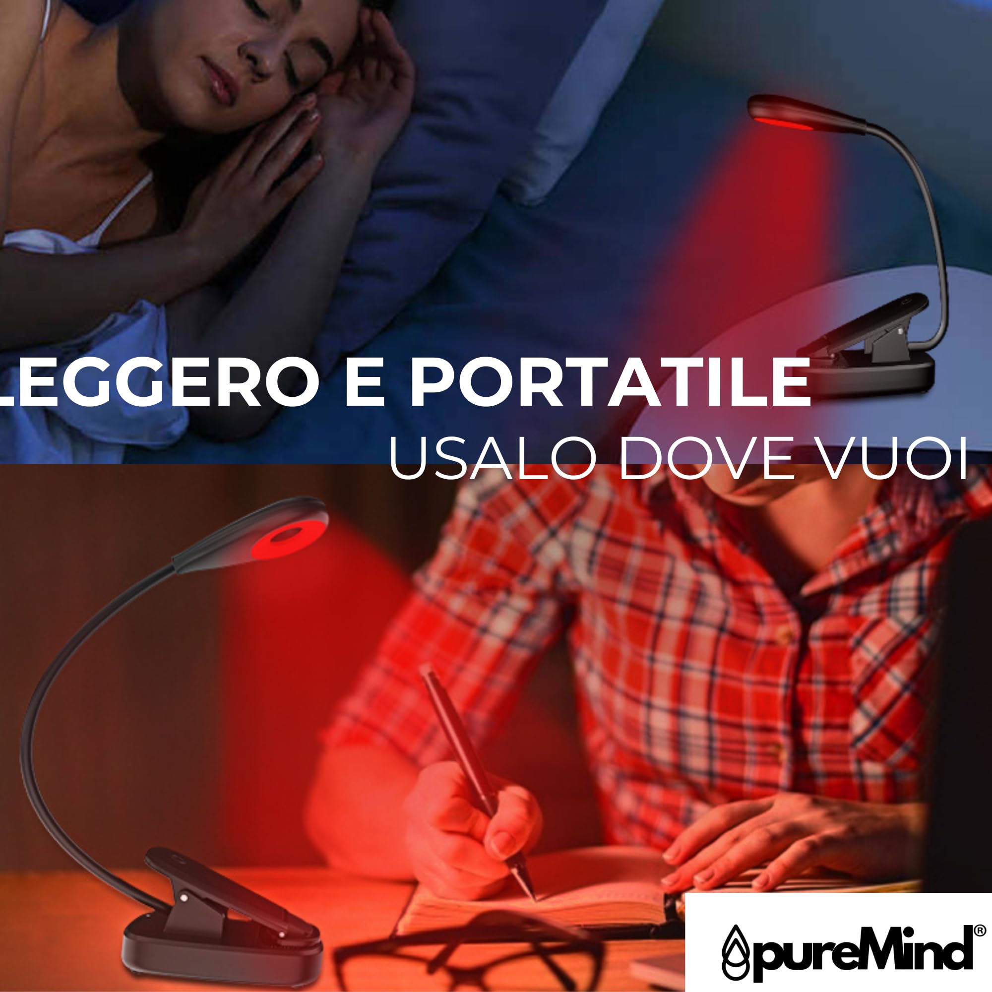 Puremind Lampada Lettura Luce Rossa con Pinza USB Ricaricabile - Senza Luce Blu + Flicker Free - Collo Flessibile 360º + 3 Intensità - Lettura Notturna a Letto + Relax + Studio