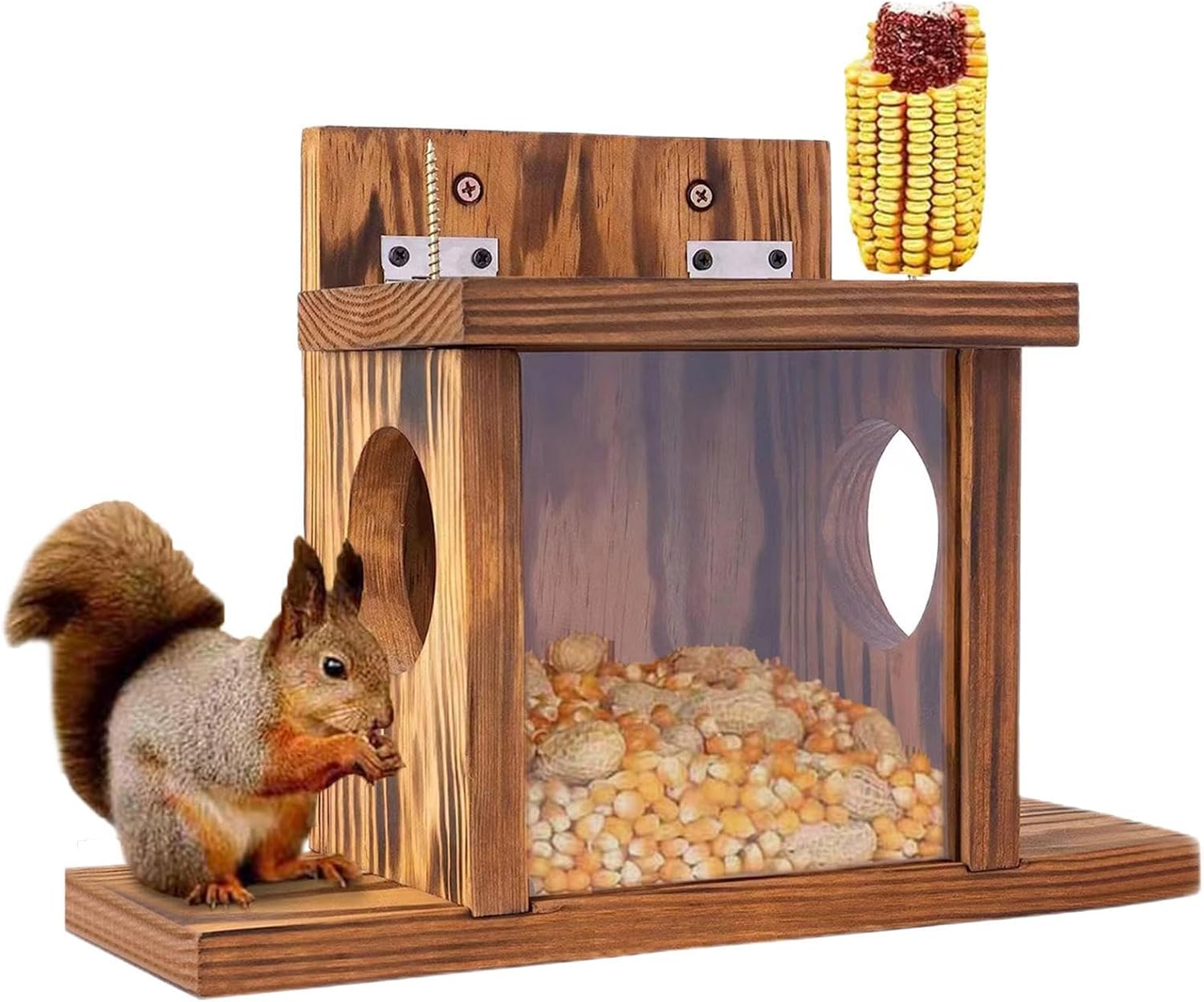 Wood Squirrel Feeder - Easy to Fill Feeder Picnic Table | Removable Squirrel Feederr | Carbonized Chipmunk Feeding House, Garden Decoration for Feeding Corn and