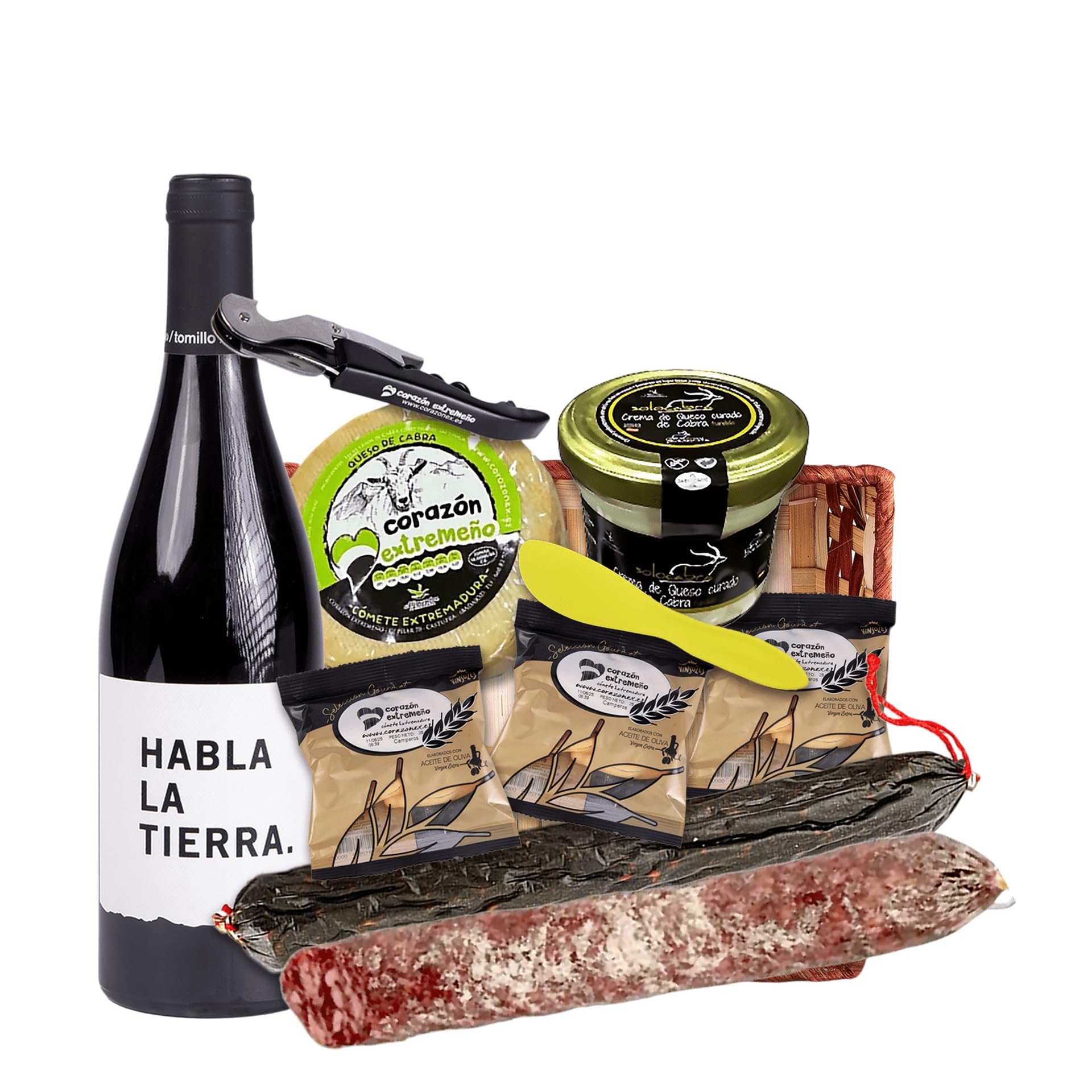 Cesta Lote Pack Picoteo Botella Vino Tinto Habla de la Tierra Salchichón y Chorizo Vela Ibéricos Queso de Cabra y Crema Artesano 3 Packs Picos de Pan – Regalo Premium Extremadura - CORAZON EXTREMEÑO
