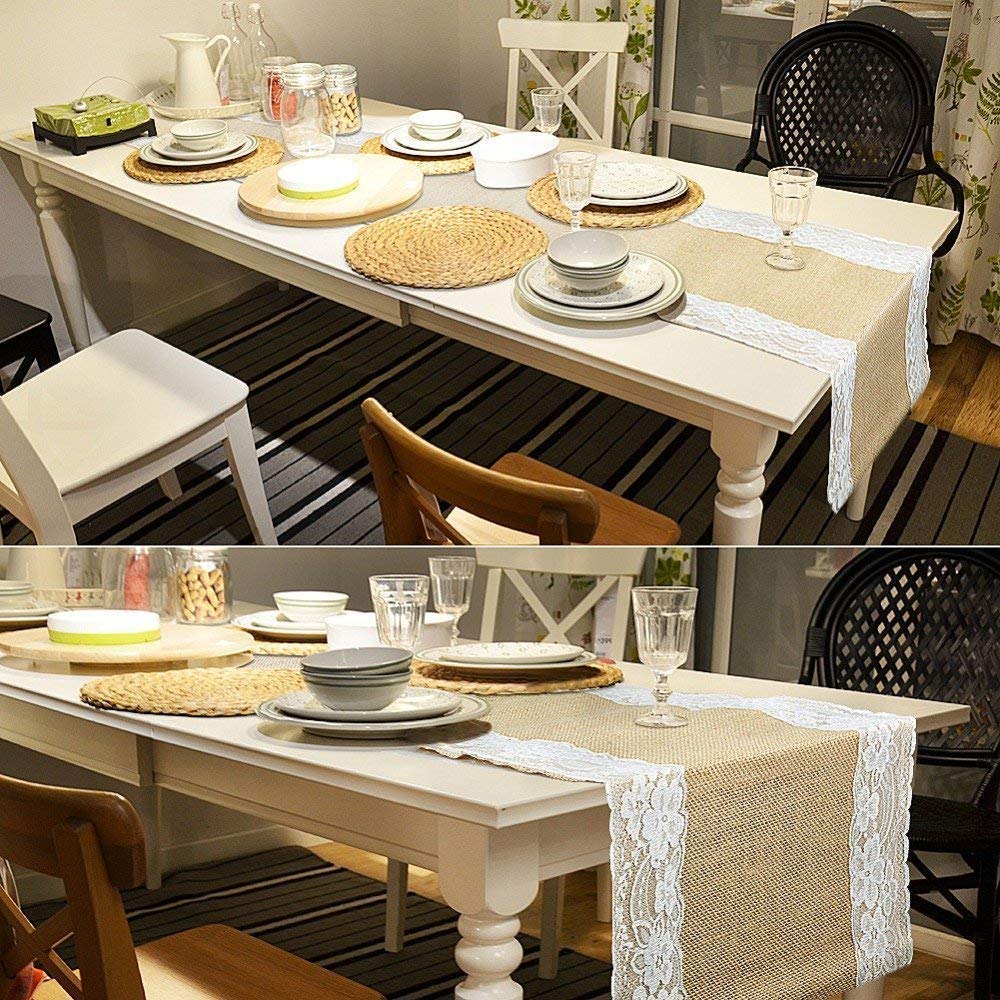 5PCS 30x275CM Jute-Tischläufer im Vintage-Look, Spitze Hessischen Tischband für Hochzeitsgeschenk Festival-Ereignis Tischdekoration Fest Party Feier Bevorzugte
