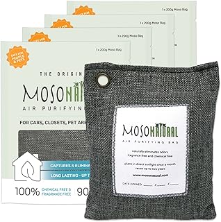 Moso Natural Air Purifying Bag 200g (4 Pack). A Scent Free Odor Eliminator for Cars, Closets, Bathrooms, Pet Areas. Premium Moso Bamboo Charcoal Odor Absorber. (Charcoal Grey) Two Year Lifespan!