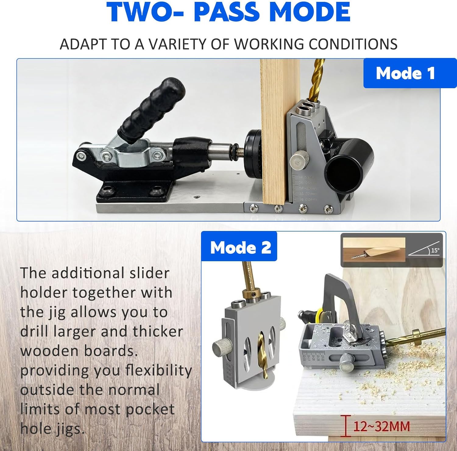Pocket Hole Jig Kit with Dust Collection,Professional Adjustable Pocket Screw Jig 15° Angled Holes,Versatile Drill Guide Jig for Materials 1/2" to 1-3/4" Thickness