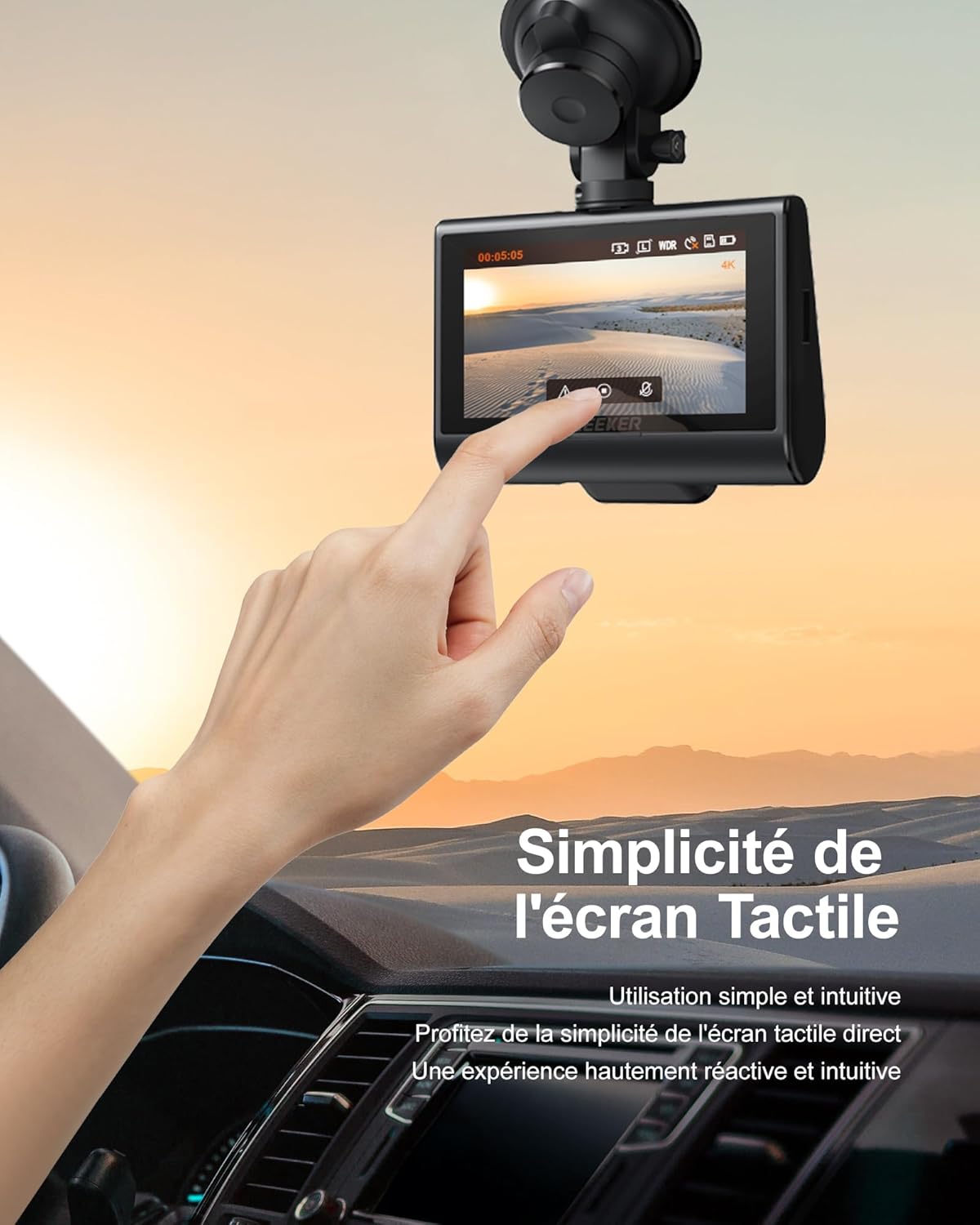 Close-up of the dashcam's touchscreen interface being used