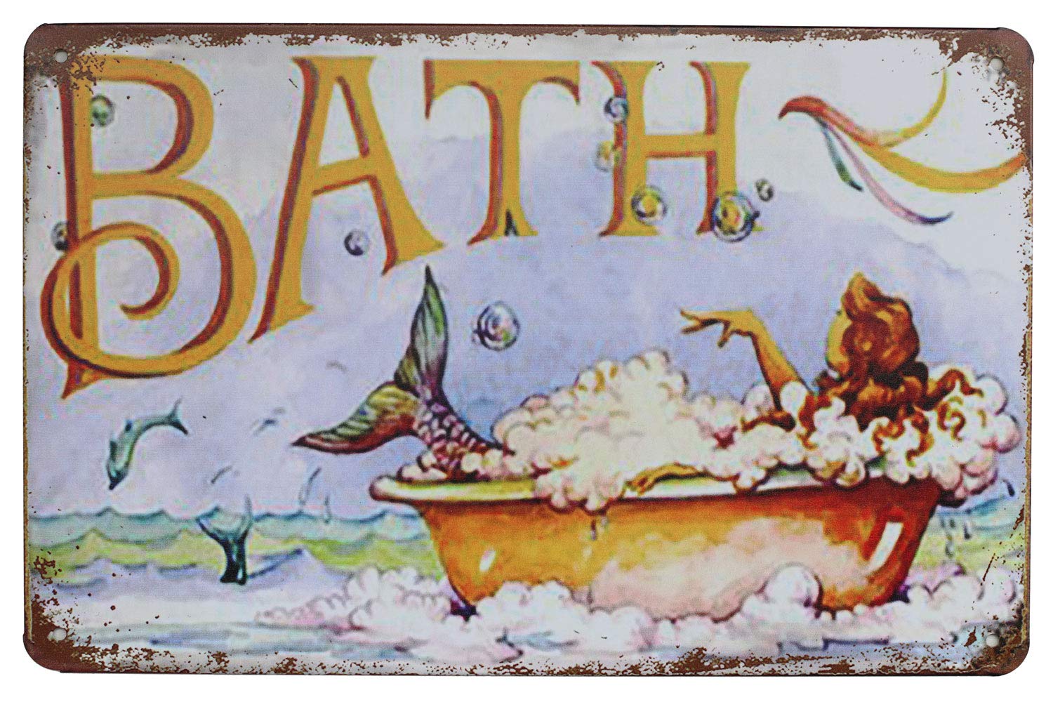 Hioni Mermaid Bath, Metal Tin Sign, Vintage Plaque Wall Decor