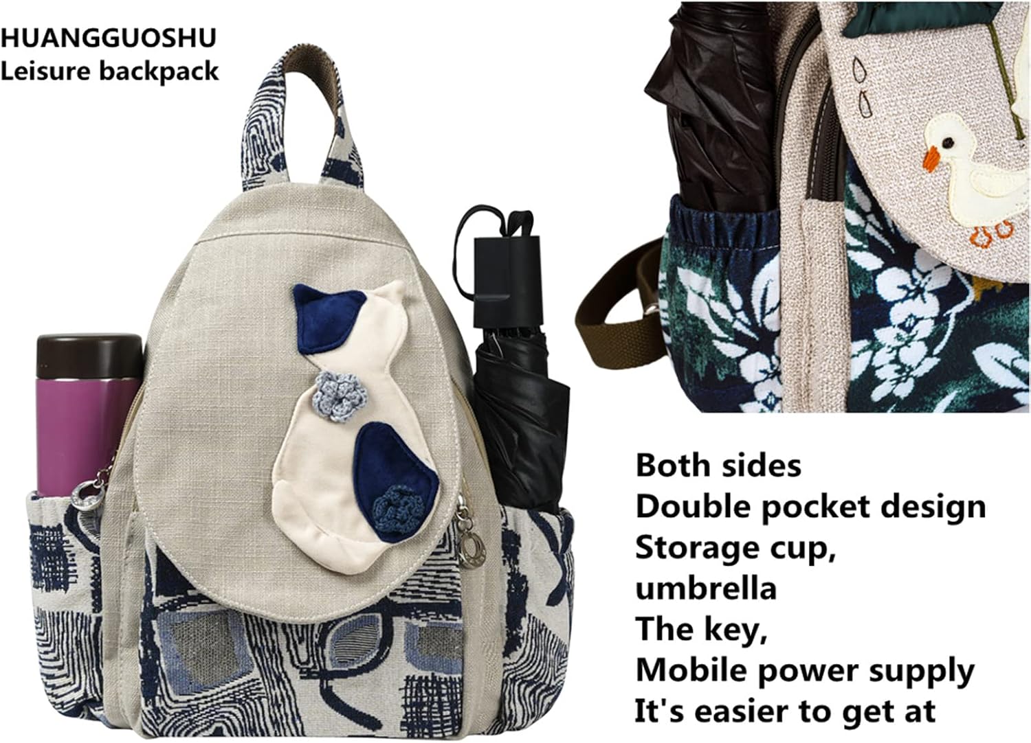 Boho and Bohemian Small Canvas Backpack Purse for Women - Adjustable Carry Sling Bag, Embroidered and Woven Tapestry Patterns 1 Cat