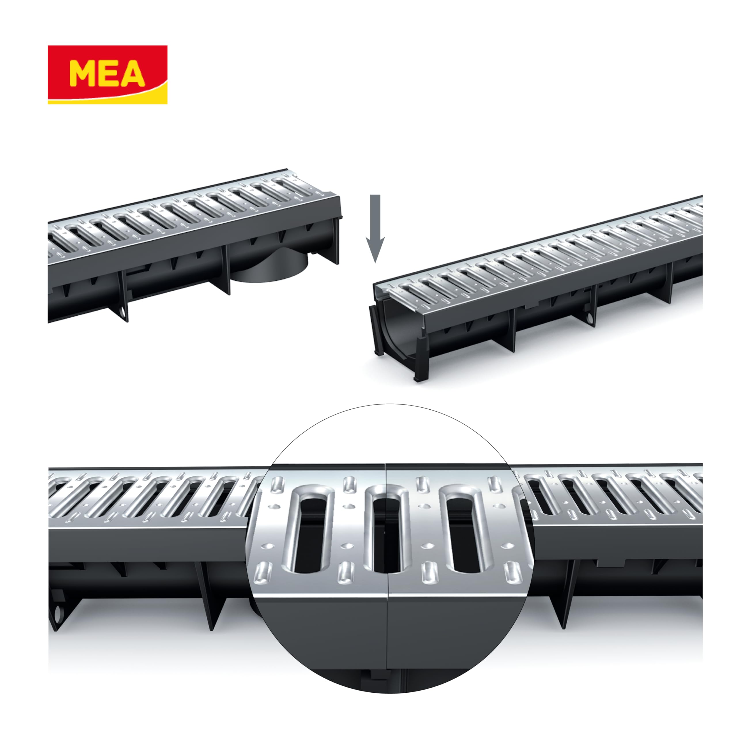 MEA Pack de 3 Caniveaux Extérieurs MEAPARK – Grille en Acier Galvanisé – Drainage Terrasse, Piscine, Jardin – Classe A15 Piéton – Largeur utile 10 cm