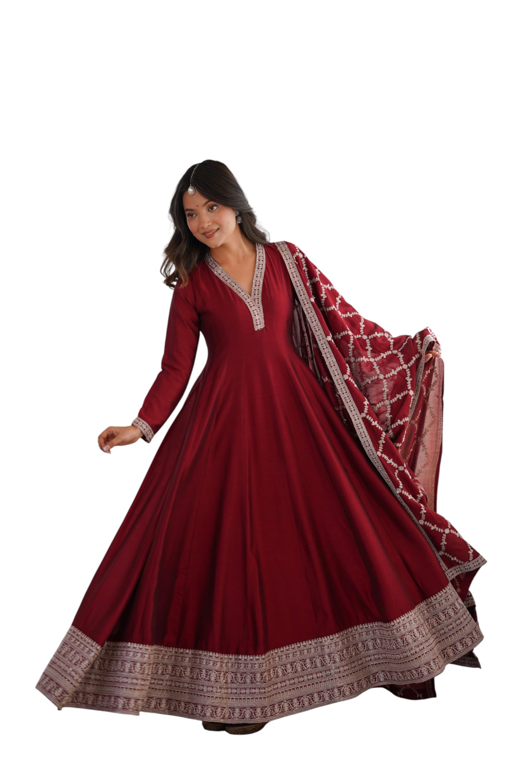 Women Anarkali Kurta with Dupatta, Embroidered Flared Ethnic Gown Style, Festive Wedding Dress-image-28
