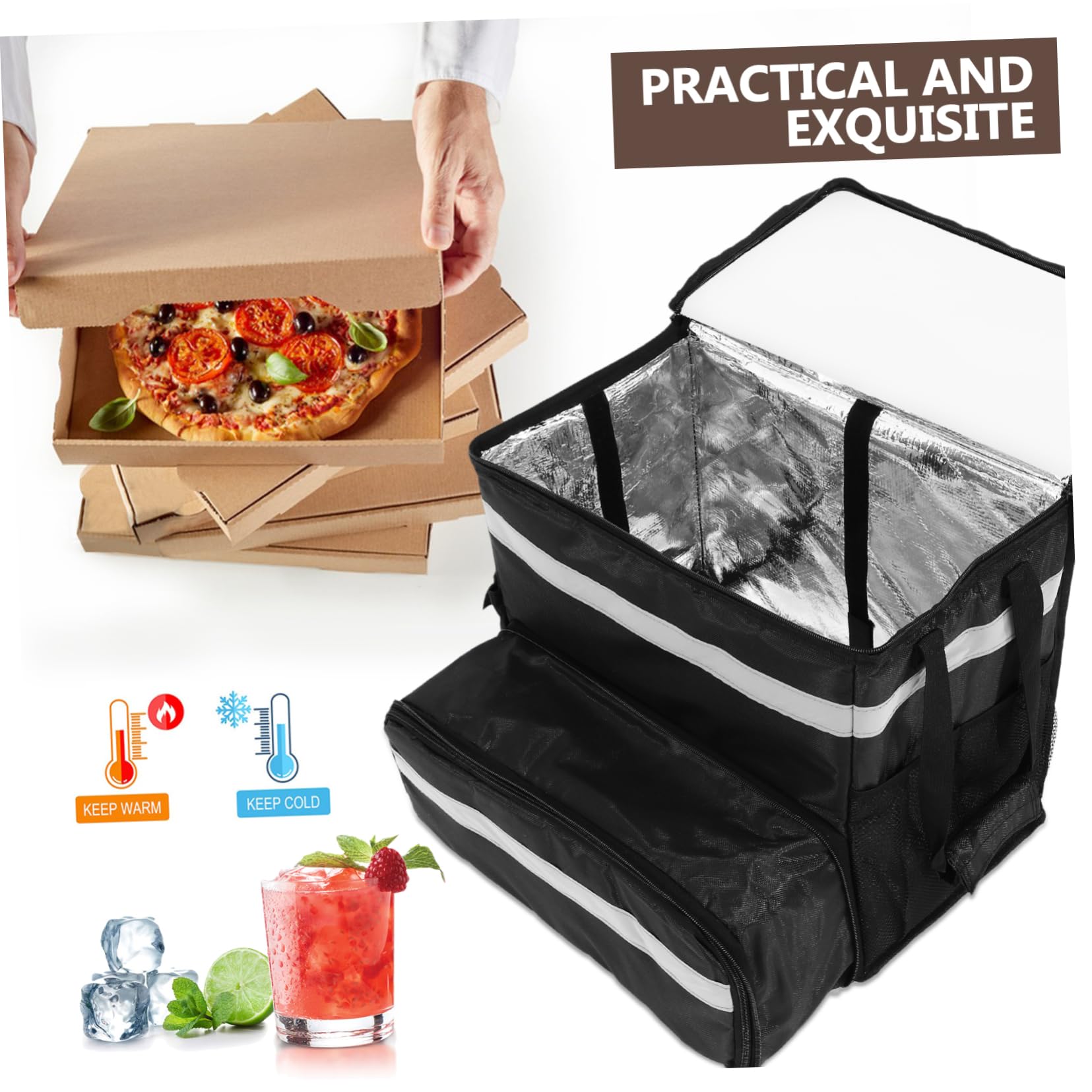 Bolsa Térmica para Comida de Gran Capacidad en Oxford Negra | Compartimento Frontal Ampliable, Tiras Reflectantes, Interior Espacioso para Transporte de Pizza
