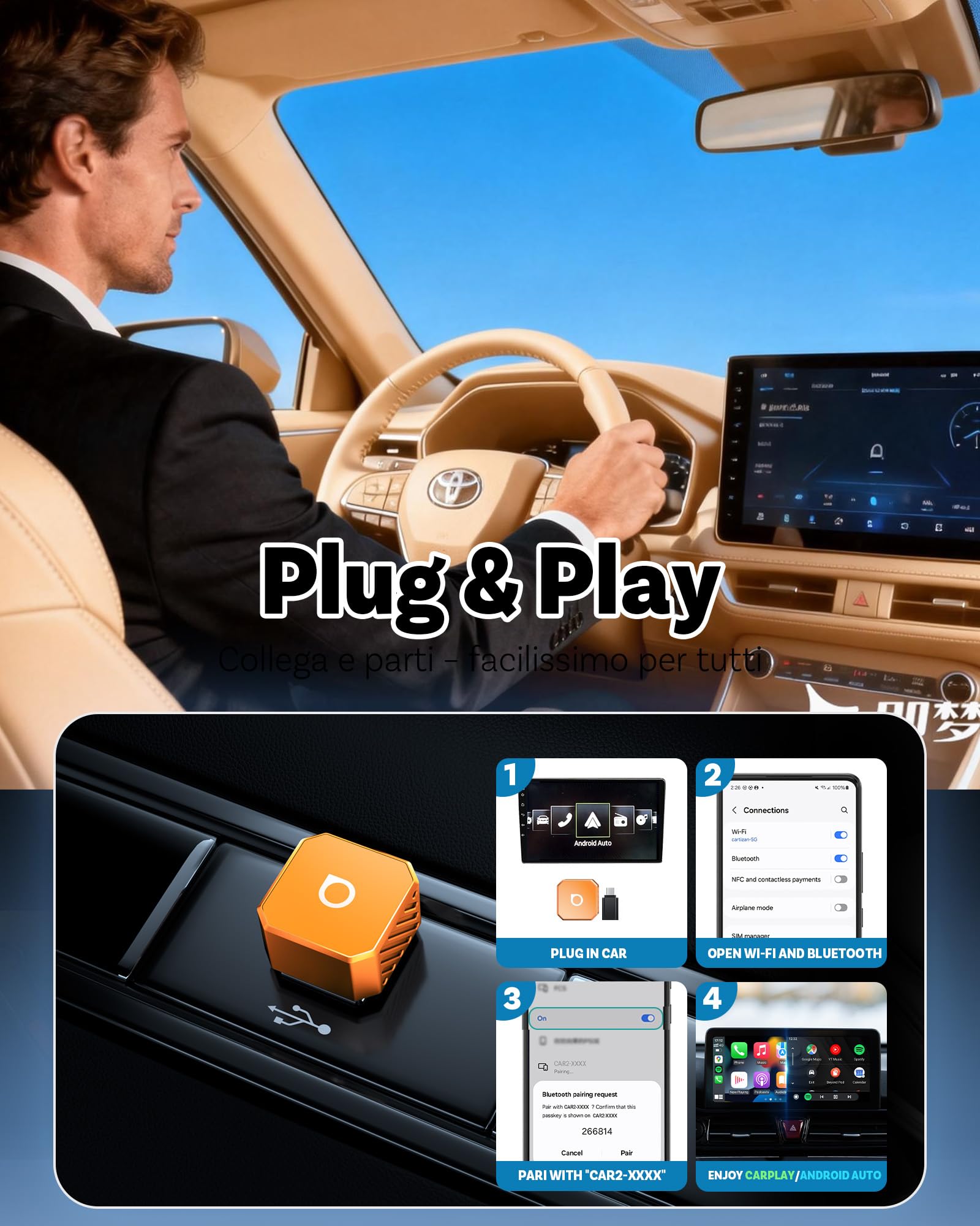 2026 Ottocast Mini Pot Orange, Adattatore CarPlay e Android Auto Wireless 2-in-1, Dongle Wireless Plug & Play, Auto-Connessione in 5s, Mini Cube per Auto con Sistema Cablato di Serie, iPhone e Android