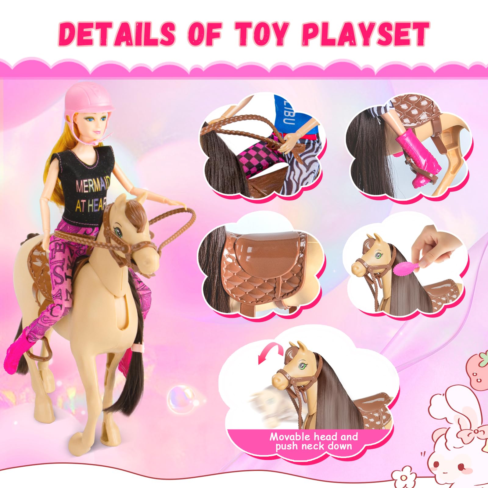Juego de 60 piezas de caballo de muñeca, muñeca rubia de moda (11.5 pulgadas) en accesorios de muñeca Helemt y caballo marrón claro con cabeza móvil, silla de montar, brida y riendas, para edades de 3 5