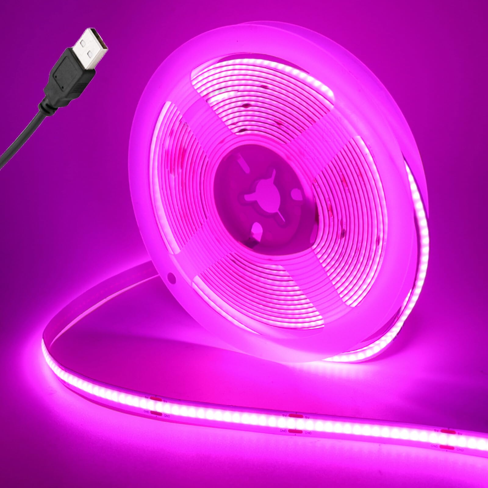 KAFULA 5V COB LED Light Strip Self-Adhesive [0.5M,Pink], USB Powered, 320 LEDs/m Super Bright Flexible FCOB LED Fairy Lights CRI90+, Can be Cut Every 5cm, Bedroom Cabinet Kitchen TV Background