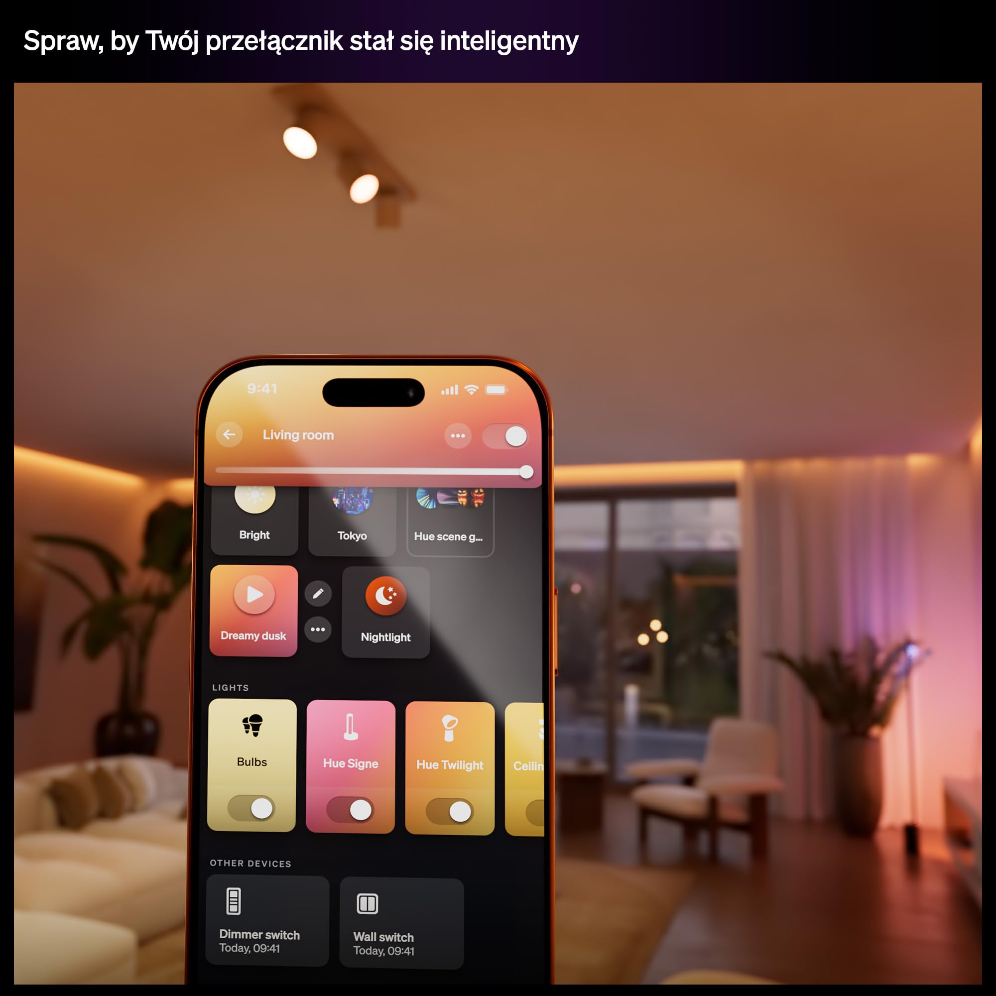 Philips Hue Przewodowy Włącznik Światła, 1 szt., Dostęp do Świateł Hue, Konfigurowalne Sterowanie, Bez Baterii, Niezawodne Połączenie, Aplikacja, Kontrola Głosowa, Apple Home, Google Home, Alexa