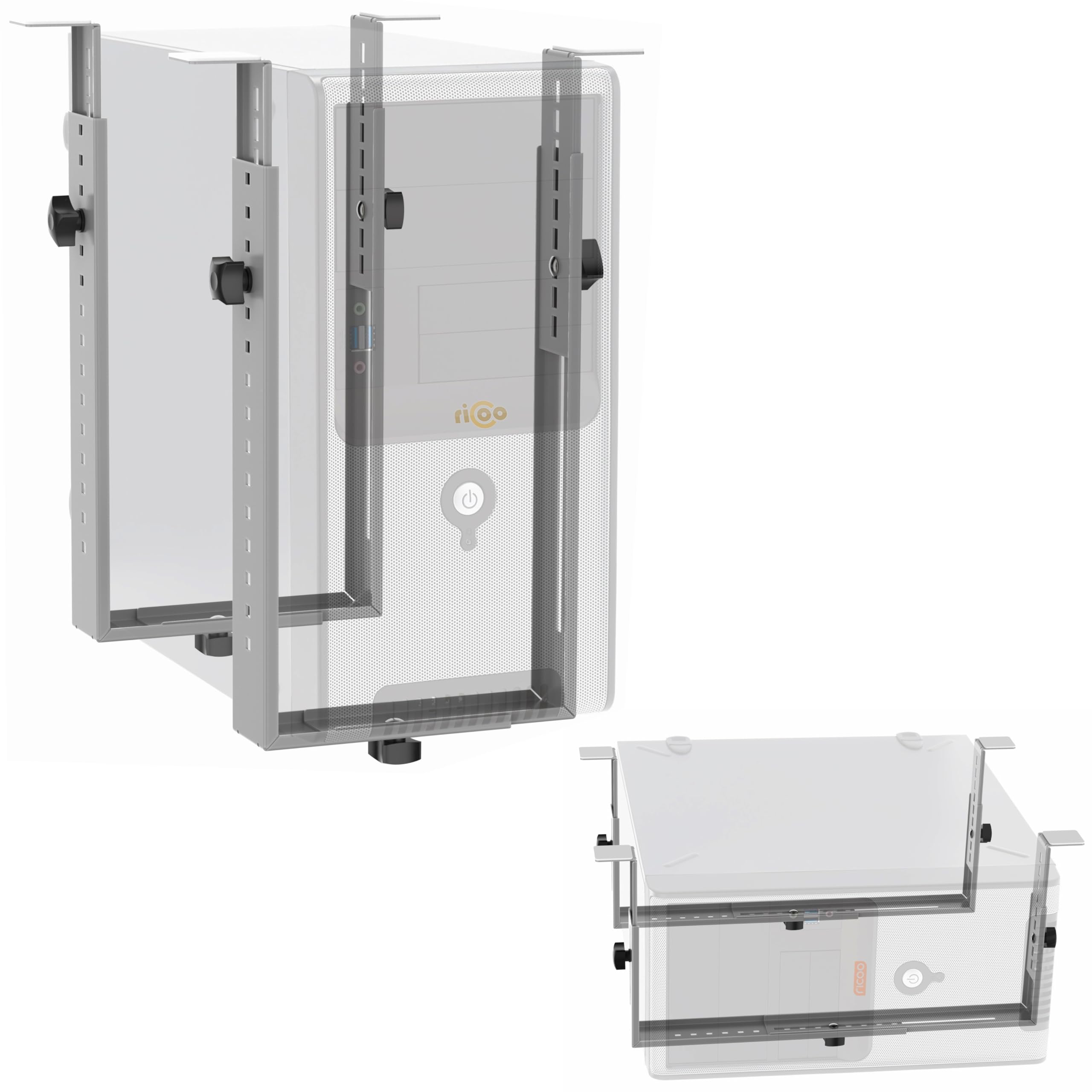 RICOO PC Halterung unter Schreibtisch TRH02-S Breiten- und höhenverstellbare Computerhalterung vertikale oder horizontale Untertisch Montage Tischhalterung für PC-Gehäuse bis 35 kg, Silber
