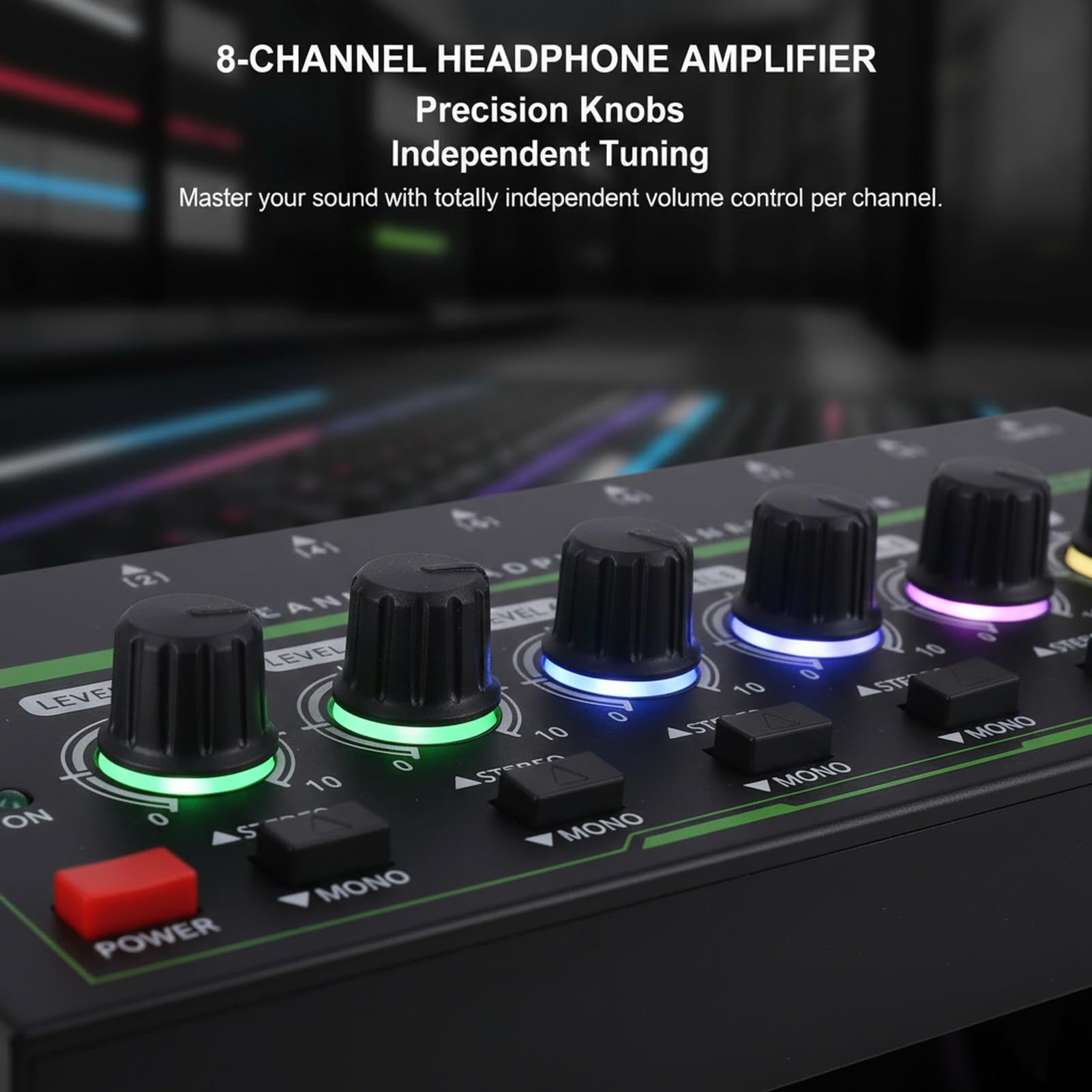 Amplificador de Auriculares Studio con Salida de 8 Canales, Ajuste de Volumen Independiente, Conectores estéreo de 6,35 mm y Modo Mono/estéreo Seleccionable para grabación