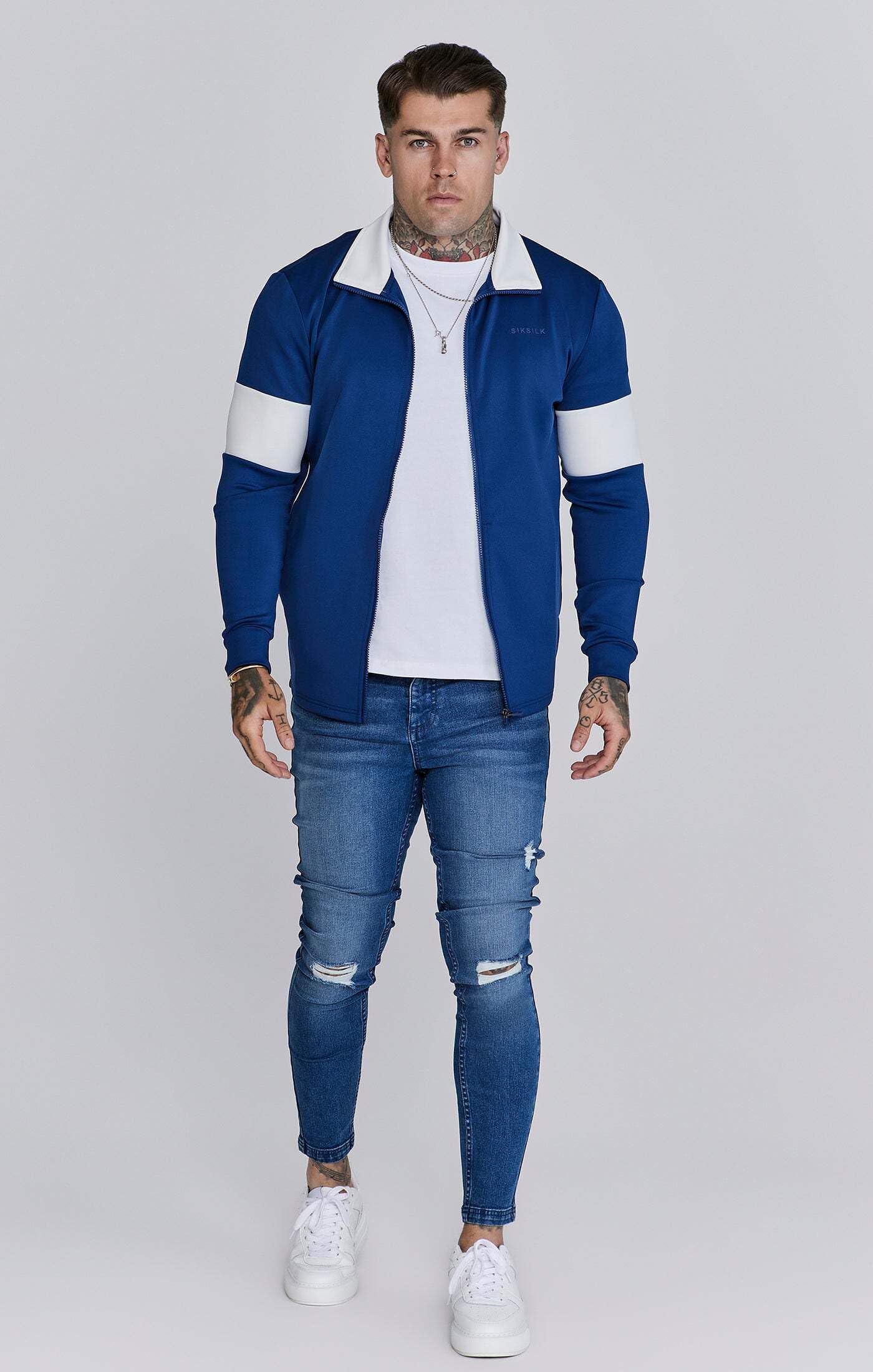 SikSilk Men's Navy Blue Track Top SS-26830 - M, L, XL (Coat, Modern Fit, Stretch Fabric, Muscle Fit, Running, Jogging) (US, Alpha, X-Large, Standard, Blue)