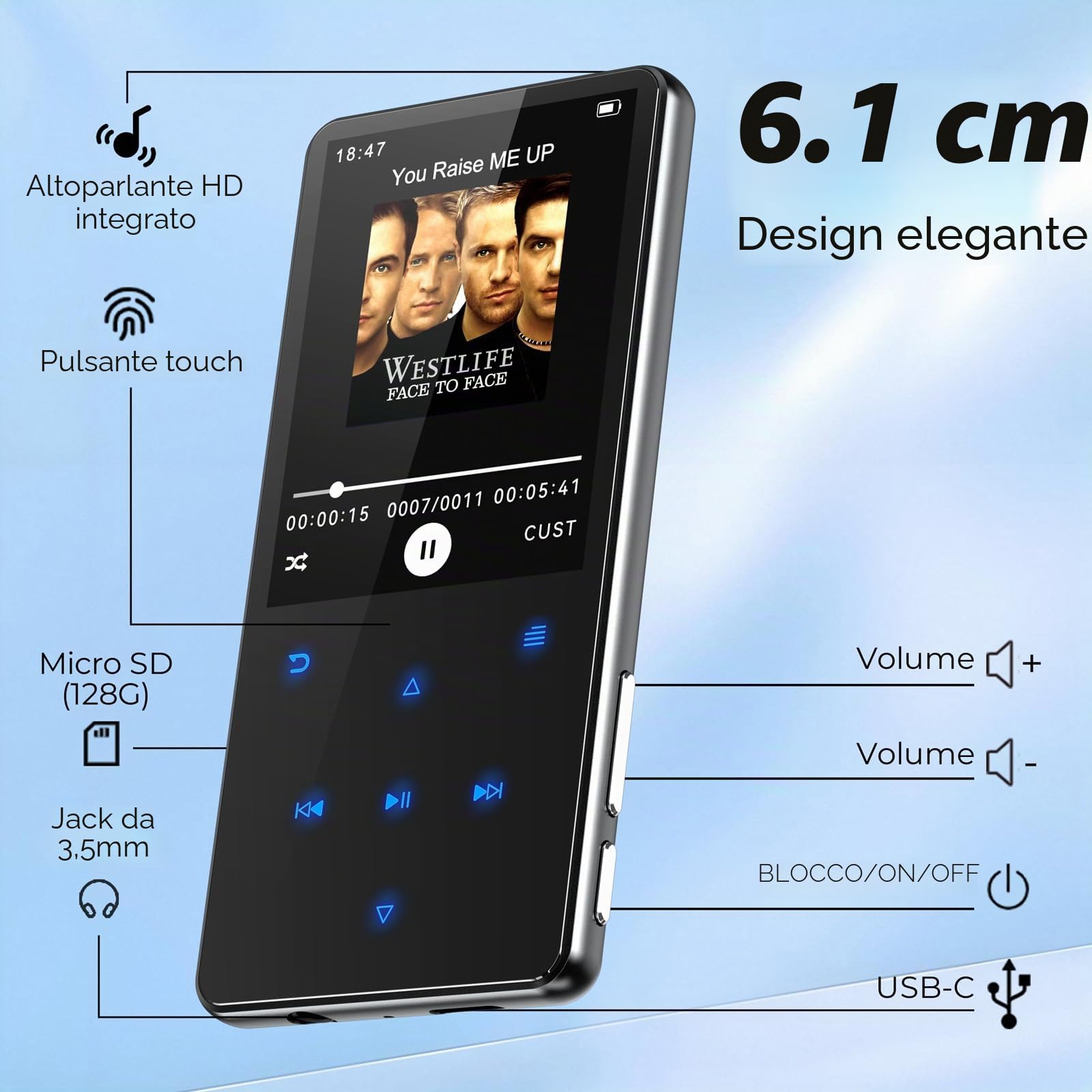 64 GB Lettore MP3 Bluetooth 5.3,Schermo 2,4 pollici altoparlante integrato | Lettore MP3 bambini con radio FM, registratore, e-book e auricolari inclusi,Scheda di memoria espandibile fino a 128 GB