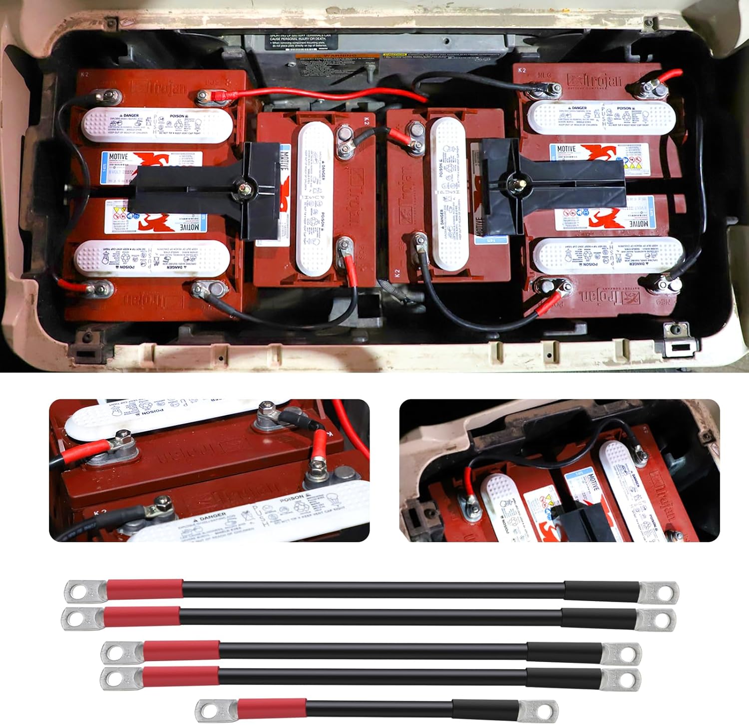 Roykaw Upgraded Golf Cart Battery Cables Kit for 48V Club Car Precedent 2008-Up (6×8V Batteries),Copper Wire, Tin-Coated,Double Wall Heat Shrink,4 Gauge,5PCS