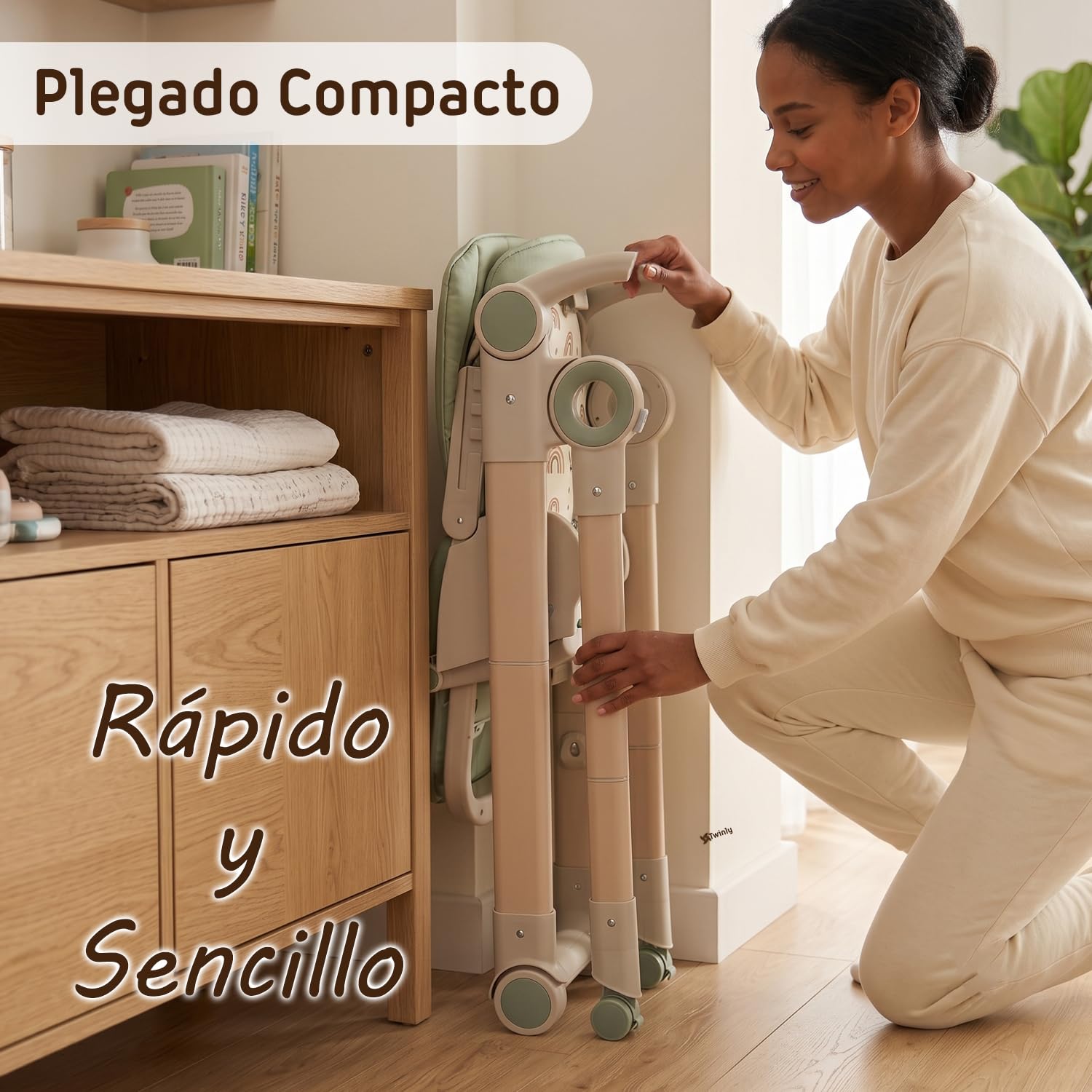 Twinly Movity Plus Trona Evolutiva Bebé 2 en 1 con Hamaca Balancín, Verde | Plegable, Ruedas con Bloqueo, Altura Ajustable, Arnés de 5 Puntos, Hasta 15 kg