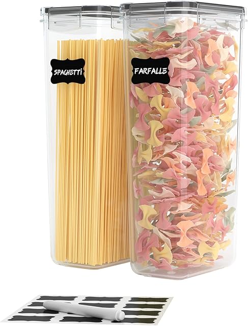 Airtight Tall Food Storage Container Set, 2 Pk 2.8L Spaghetti Containers for Pantry Organization and Storage, Kitchen Storage Containers for Pasta and Noodles, Plastic Canisters with Durable Lids