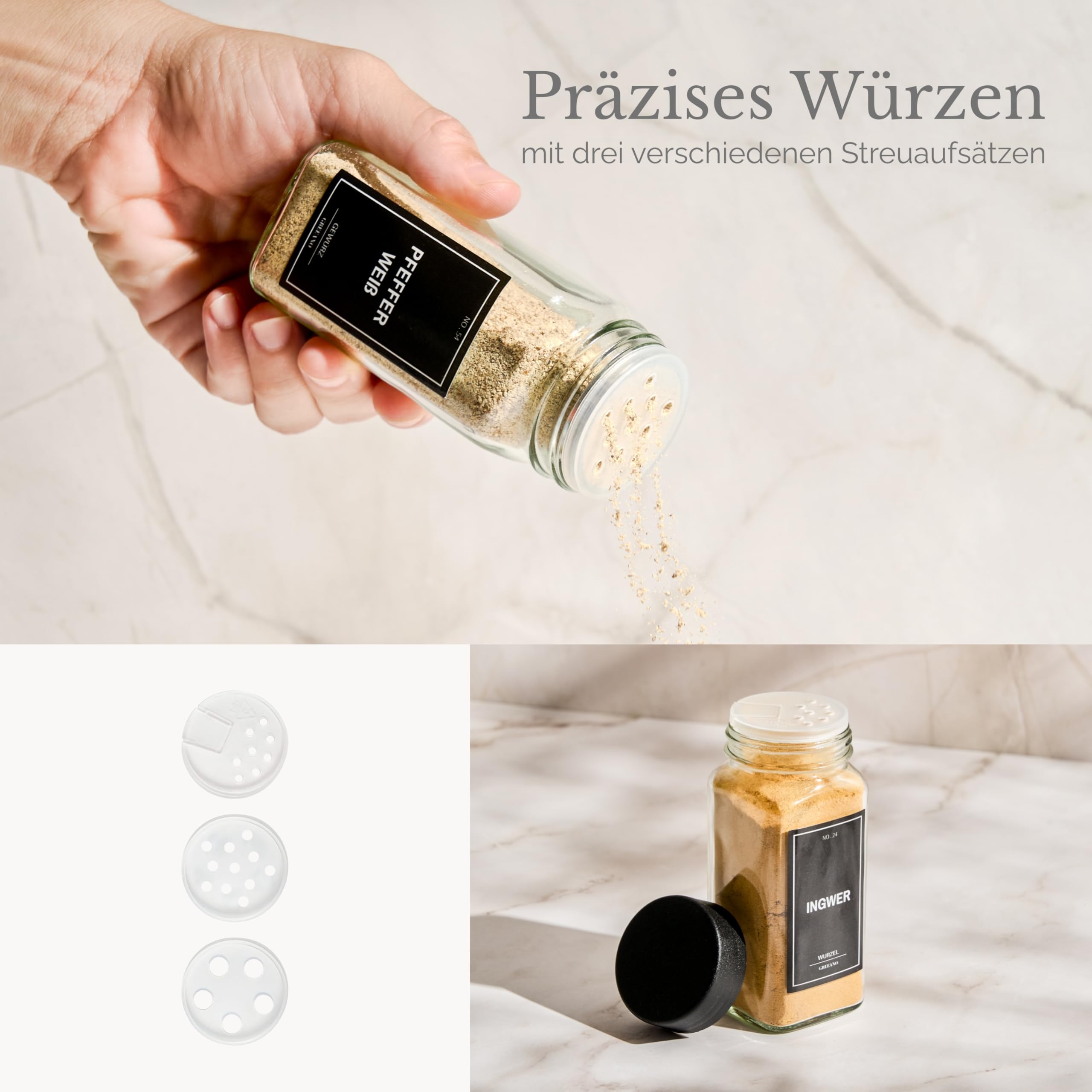 Juego de tarros de especias [24 x 120 ml] con 300 etiquetas [DE] – Almacenamiento de especias con bandeja para esparcir – Tarros de cristal – Tarros de especias – Tarros de especias – Tarros