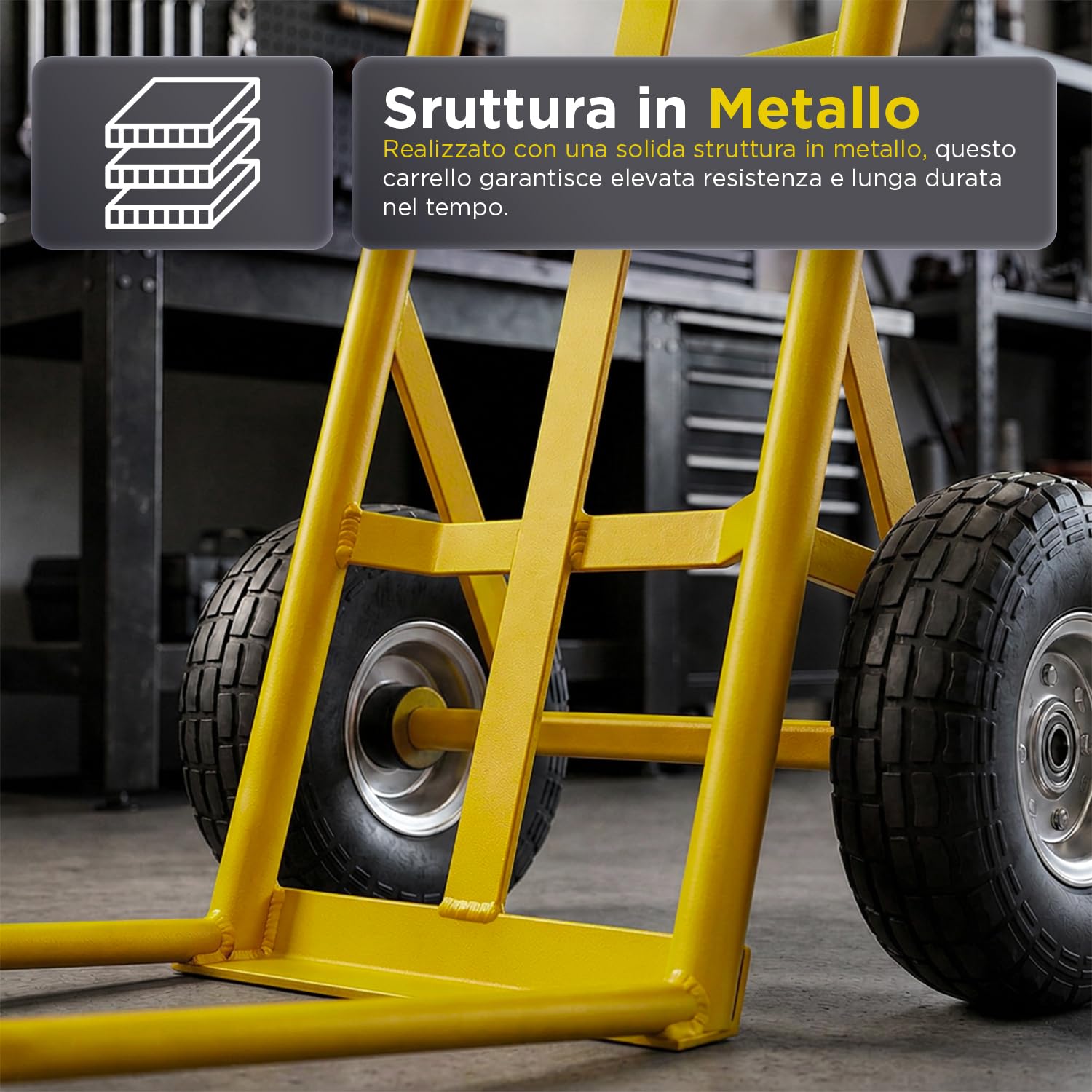 Carrello con Ruote Portatutto Professionale – 2 Ruote Pneumatiche Camera d'Aria, 250 kg, Metallo | Carrello Portapacchi con Manico Ergonomico per Scale, Fango, Cantiere e Traslochi (Giallo)
