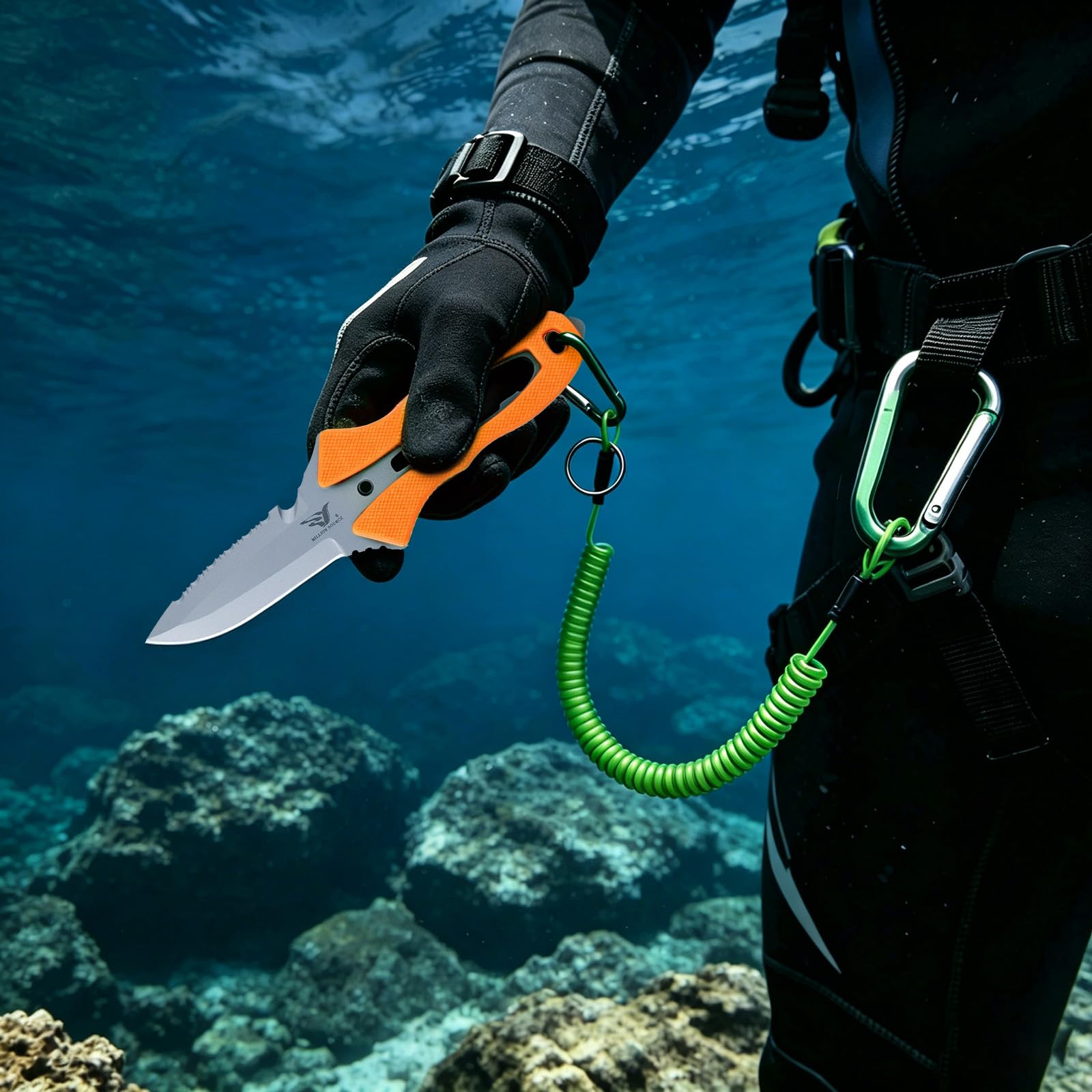 Tauchmesser Outdoor Rettungsmesser - 19 cm - Mit Sägezacken, Leuchtgriff & mehr - Ideal für Tauchen, Überleben & Notfälle