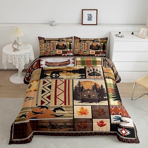 Feelyou Fall Retro Cabin Comforter Set Queen Size Western Rustic Bear Bedding Se