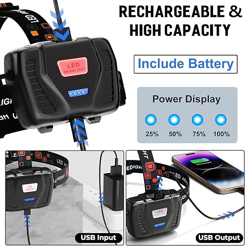 Miniatura 3 de Faros delanteros LED recargables, paquete de 2, 99,000 lúmenes (incluidos), faros delanteros superbrillantes de larga distancia con 5 modos