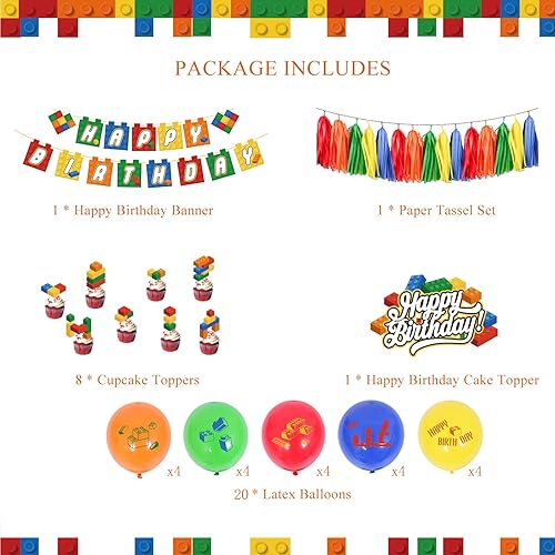 Miniatura 2 de PRATYUS Decoraciones de cumpleaños de bloques de construcción para niños, suministros de fiesta temática de ladrillo y bloque con pancarta,