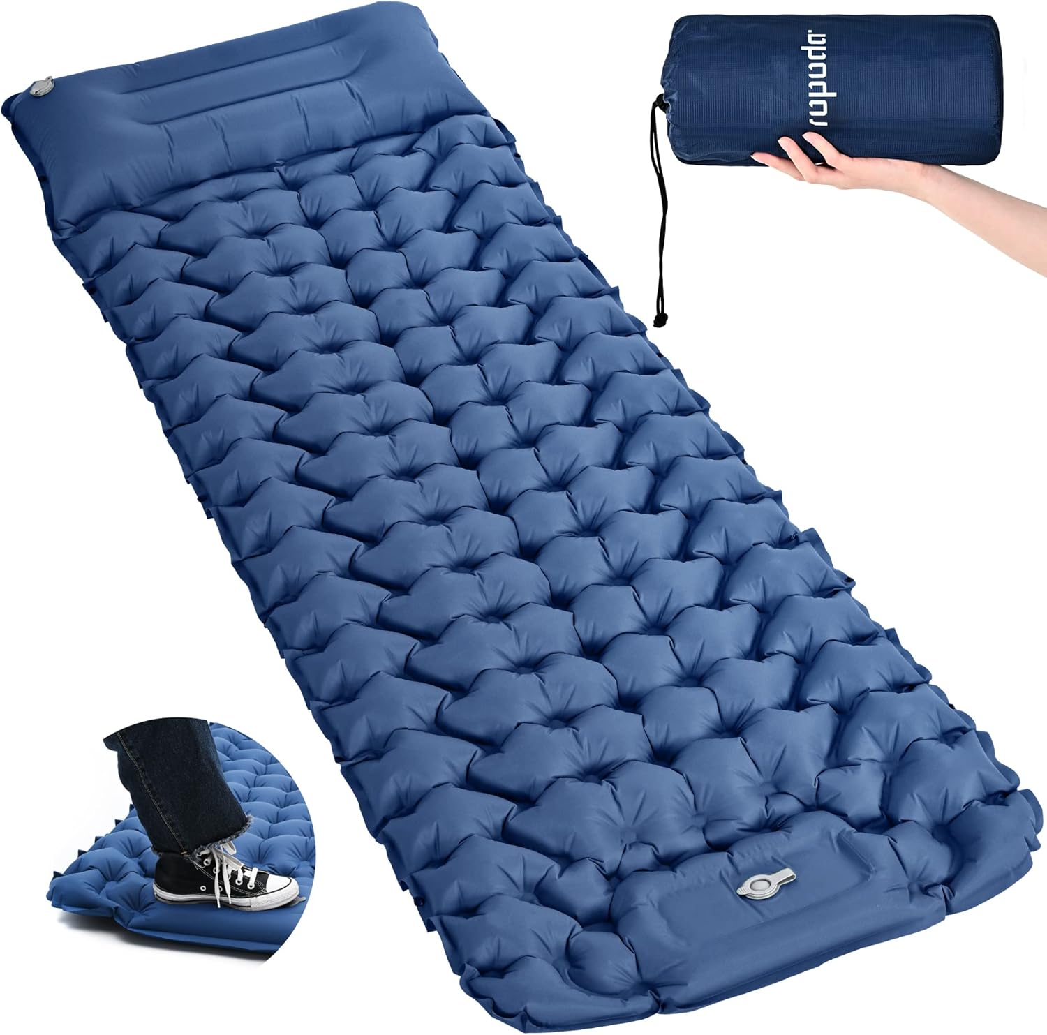 ropoda Extra Thickness 3.9'' Inflatable Sleeping Pad for Camping with Pillow, Built-in Foot Pump, 77''*27'' Sleeping Mat with Carry Bag, Ultralight & Compact Camping Mattress for Hiking, Camping Pad Single Blue