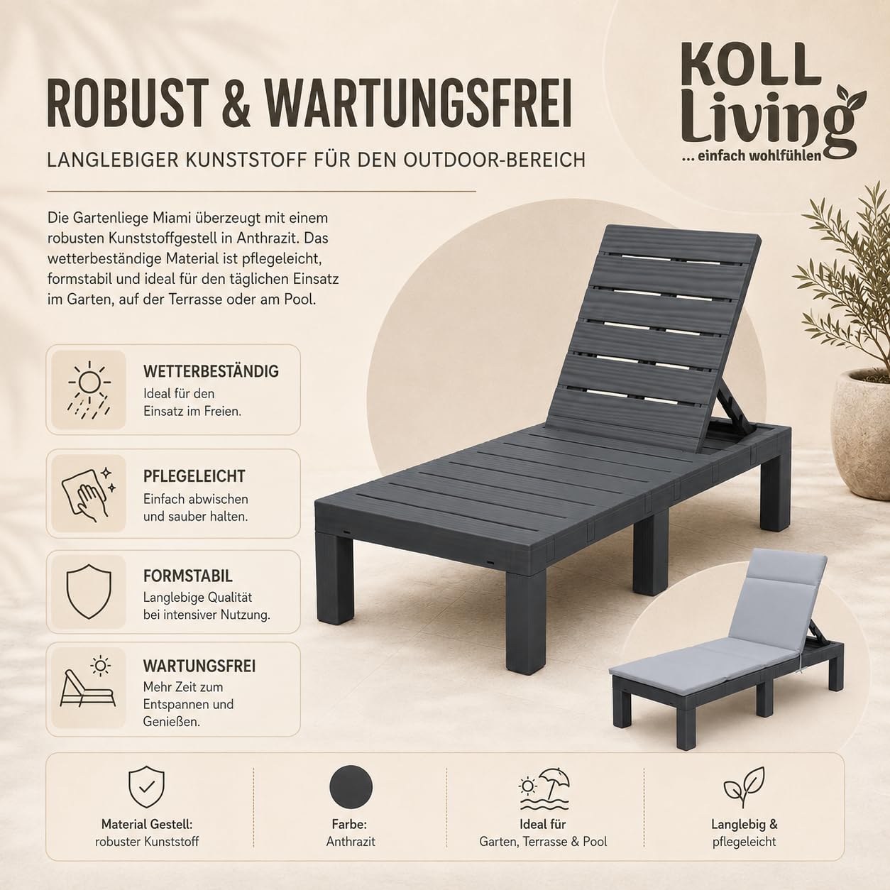 Koll Living Gartenliege Miami | Sonnenliege Kunststoff Anthrazit/Grau | 187 x 60 x 29 cm | belastbar bis 120 kg Liegestuhl wetterfest & pflegeleicht