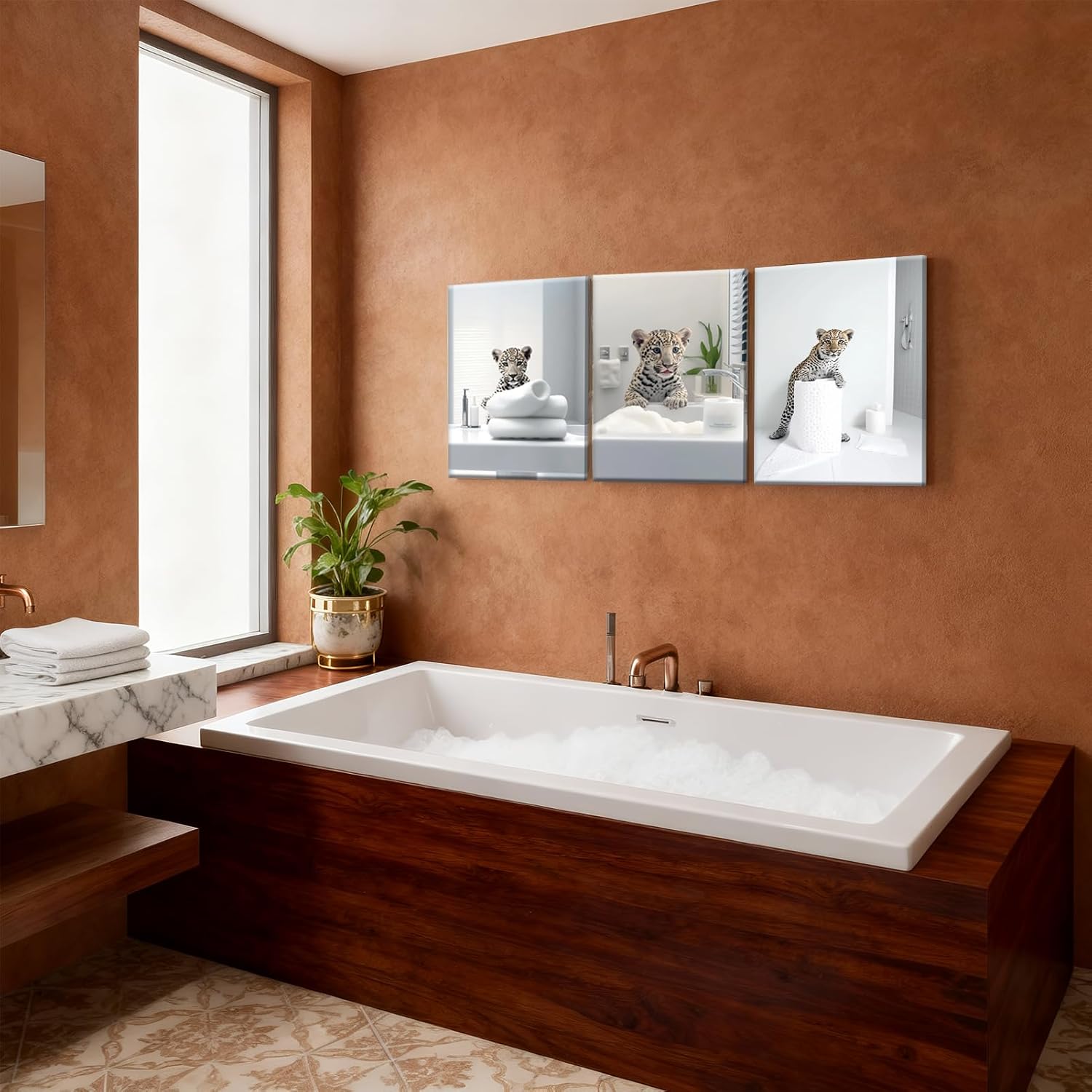 3Pcs Funny Leopard Bathroom Canvas Wall Art Cute Animal Posters Prints Modern Bathroom Wall Decor for WC Toilet Home Decoration 12x16in Prepare to hang