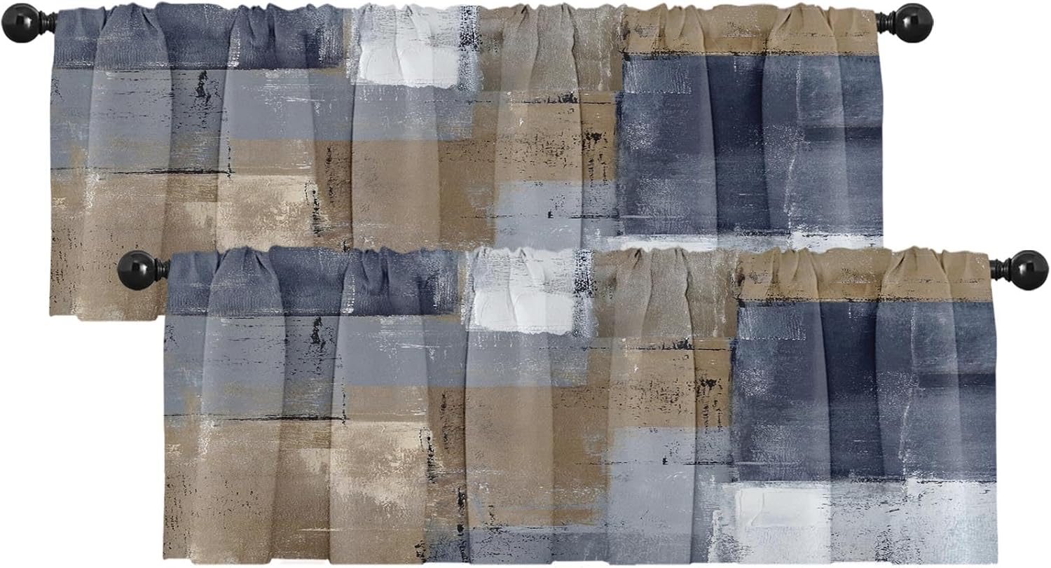 Emvency 2 Pack Valances Window Treatments, Grey and Brown Painting Art Modern Abstract Blackout Adjustable for Living Room Bathroom Bedroom Kitchen Over Sink, 18x52 Inch Rod Pocket Valances