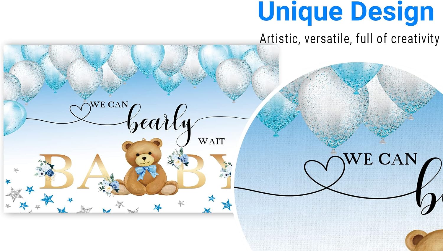 Funnytree Baby Shower Bear Party Backdrop We Can Bearly Wait Photography Background Watercolor Sky Blue Balloons Stars Cake Table Decor Photo Booth Props Banner