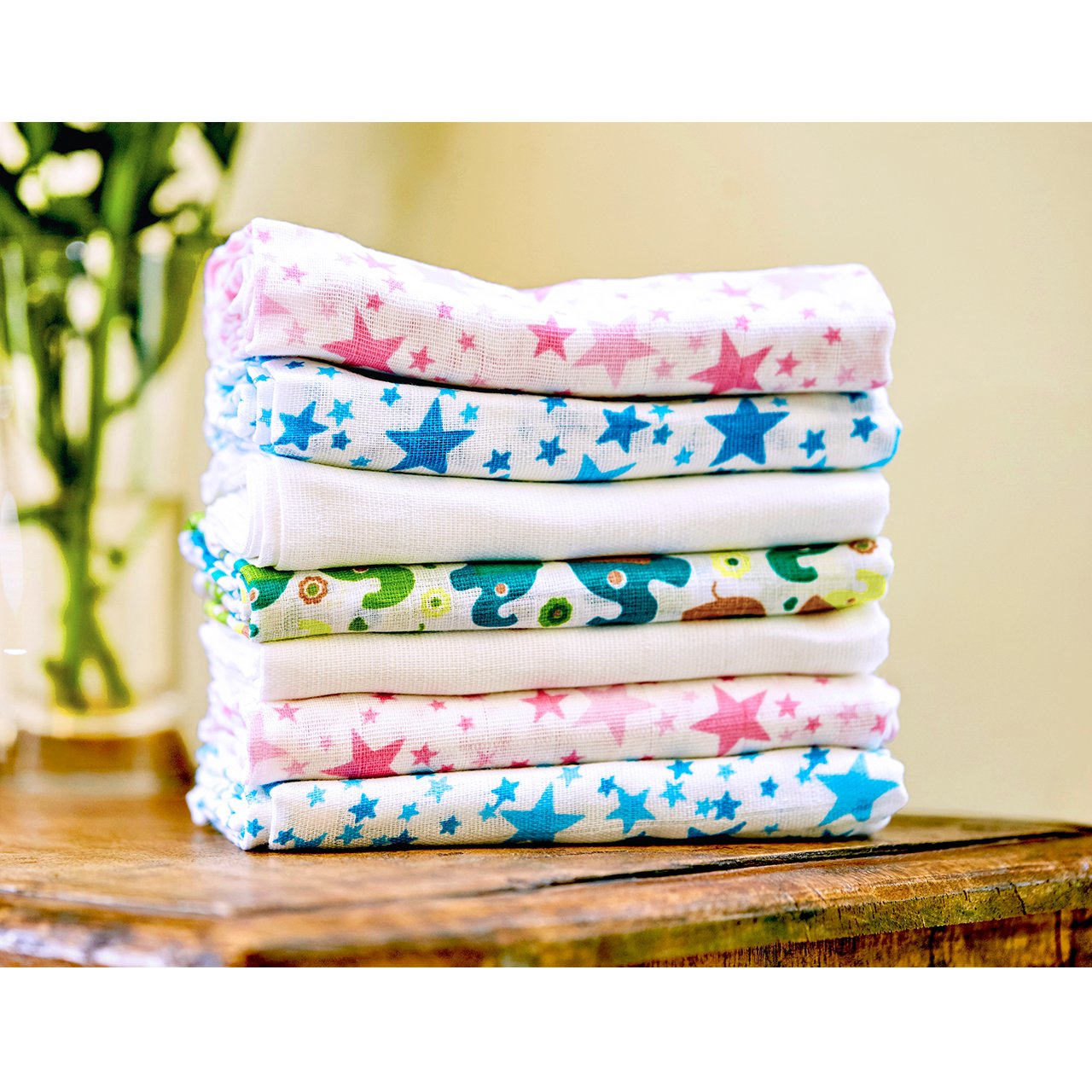 Bambino Mio, Extra Large Muslin Squares, 47in x 47in, Pink Stars, 2 Pack