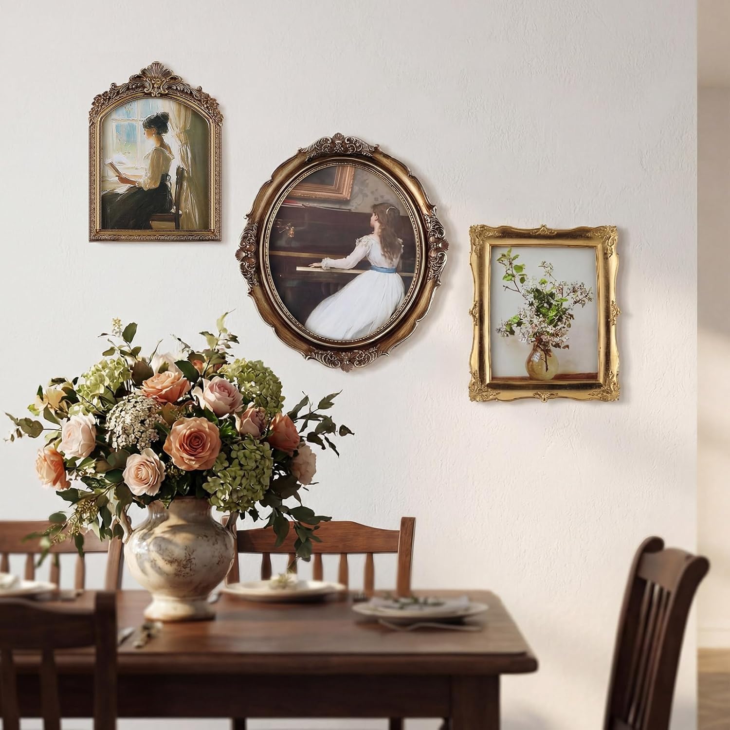 Wonderjune 3 Pcs Large Vintage Picture Frames 10" 12" Antique Picture Frame,Clear Glass Rustic Frames Retro Home Decor Wall Mount for Gallery Art Oval Square, Bronze Gold(Vintage)