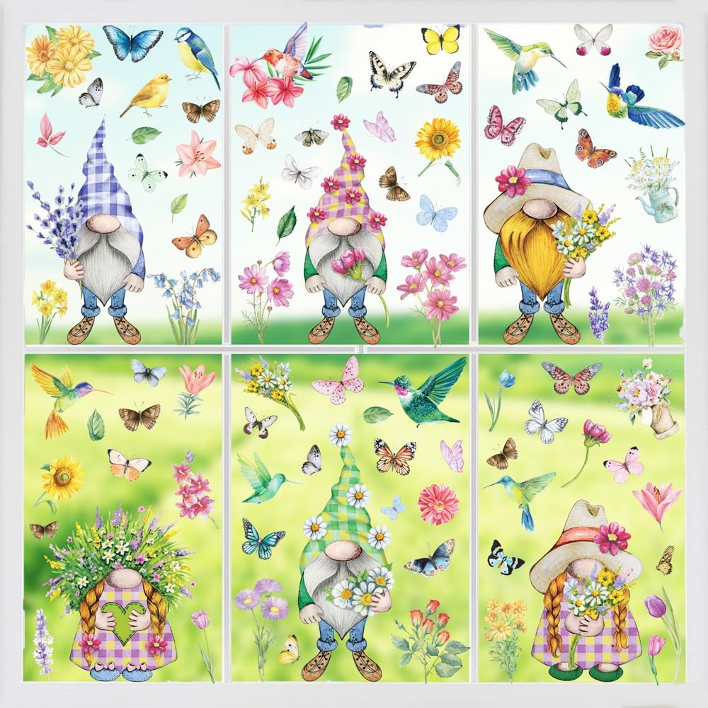 Spring Summer Window Clings Decals for Glass Windows Decorations Flower Bird Butterfly Stickers 9 Sheet Double-Sided Home School Office Party Art Decor Supplies