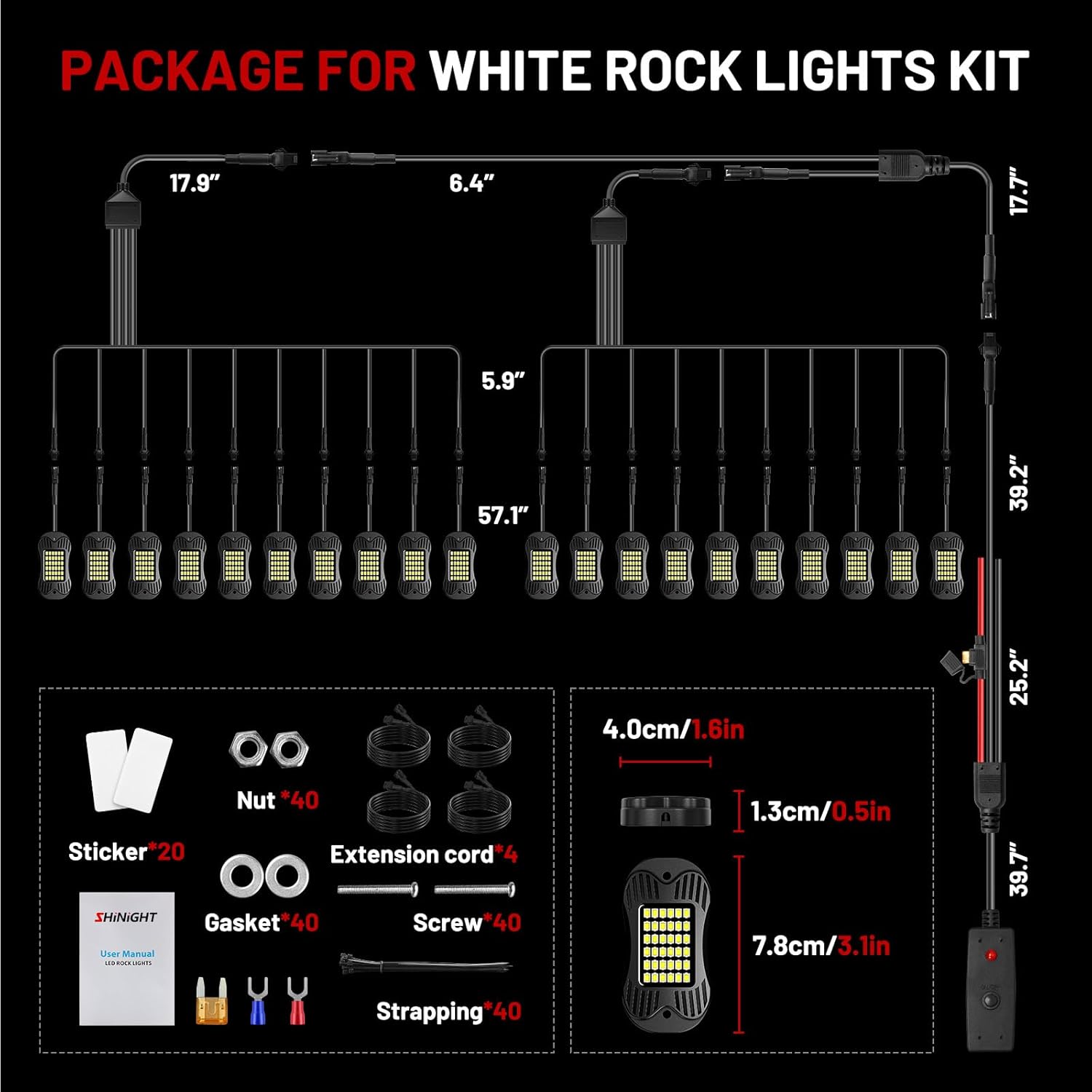 SHINIGHT 20 Pods White Rock Lights for Trucks/UTV/ATV - 36 LEDs 6500K Super Bright Waterproof Underglow Kit with Connectors&Switch&Extension Wires (20 Pods)