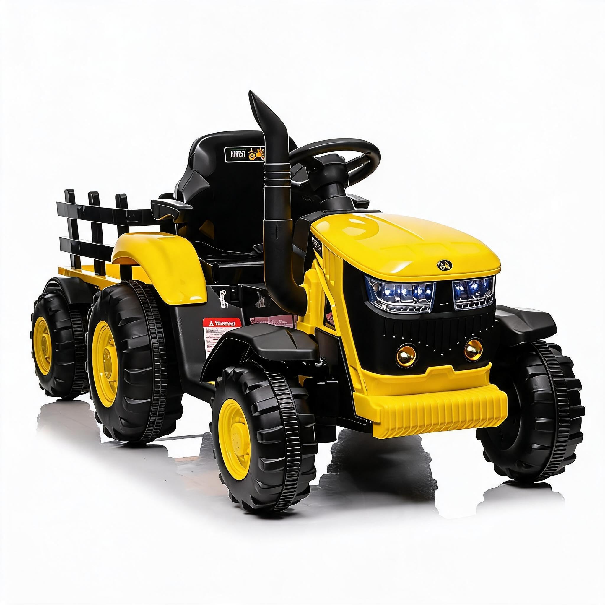 12V Kids Electric Ride-on Tractor with Removable TrailerEVA Tires Parent Remote Control MP3 Music Safe Battery Powered Toy for Boys & Girls Up to 30kg Yellow