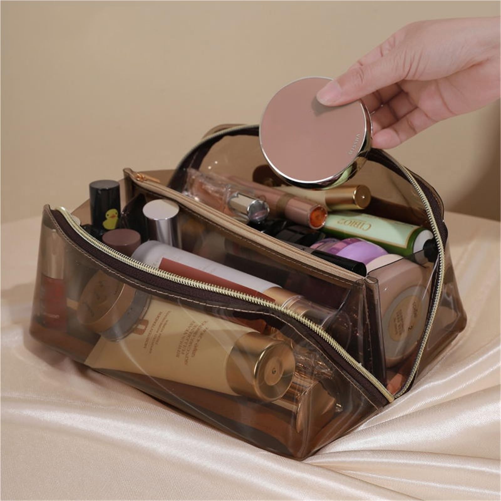 1 borsa trasparente for trucco da donna, cuscino di grande capacità, organizzatore viaggio, for il, toilette portatile, for cosmetici, borse con cerniera Per Viaggi(Brown)