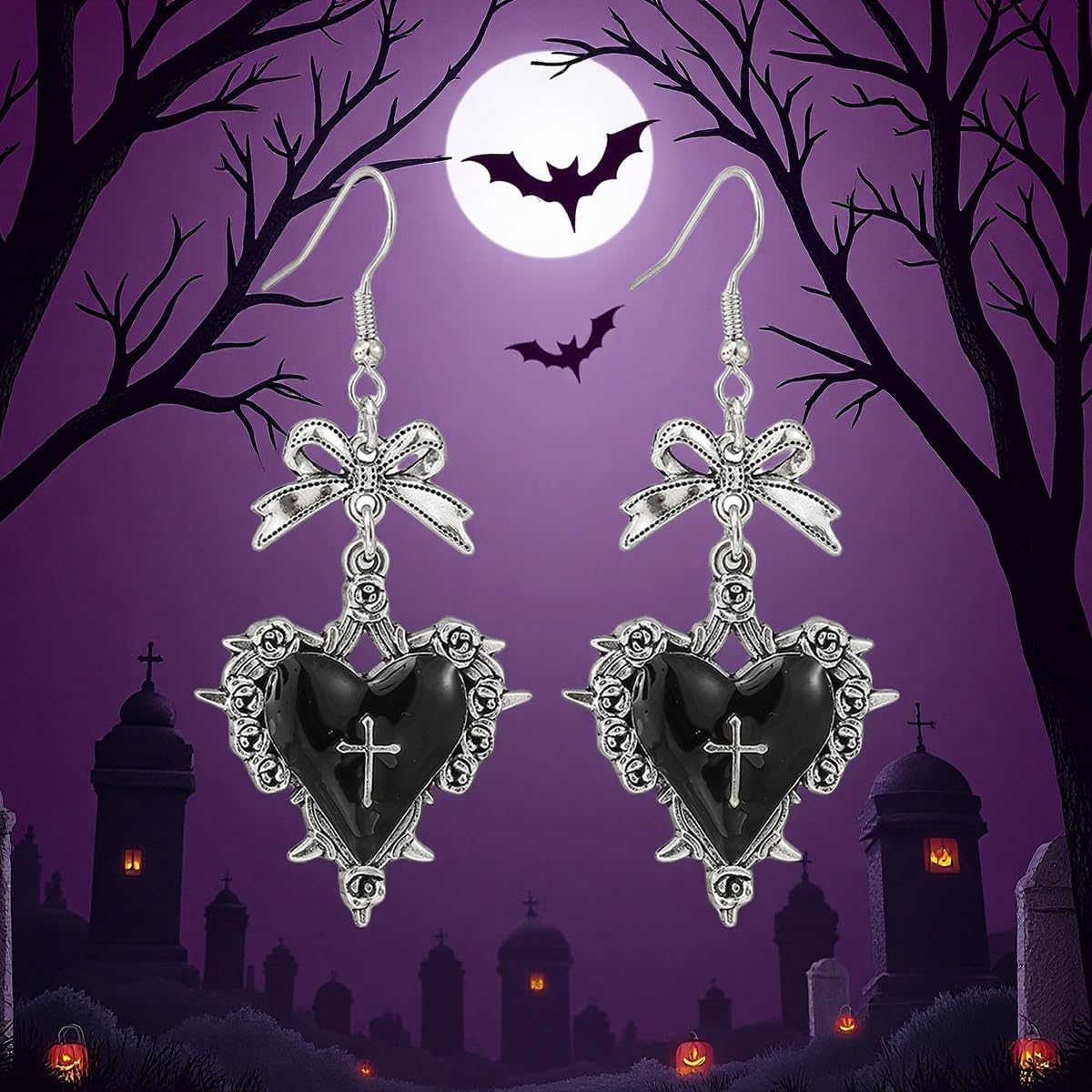 Gothic Heart Earrings for Women Red Black Purple Bow Heart Cross Earrings Dark Vampire Earring Vintage Punk Rock Style Earring Halloween Jewelr Mystic Witch Jewelry Accessories - Image 6