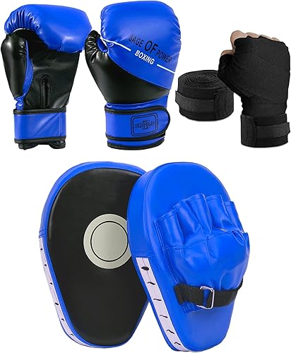 Miniatura 10 de Juego de 3 en 1 de guantes de boxeo y mitones de golpeo para niños, guantes de boxeo deportivos con almohadillas para manos y vendas, juego